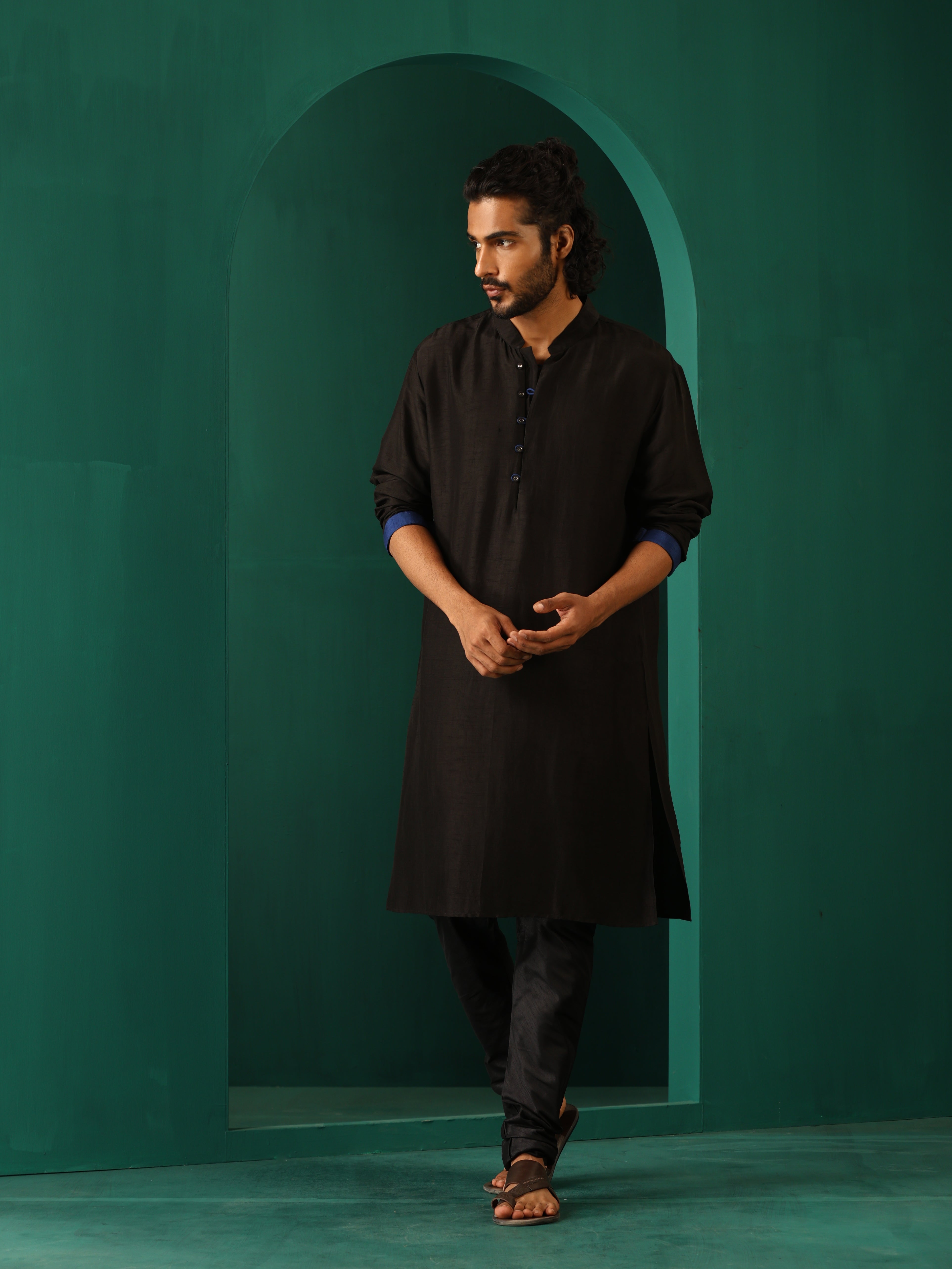 trueBrowns Men Black Silk Long Kurta