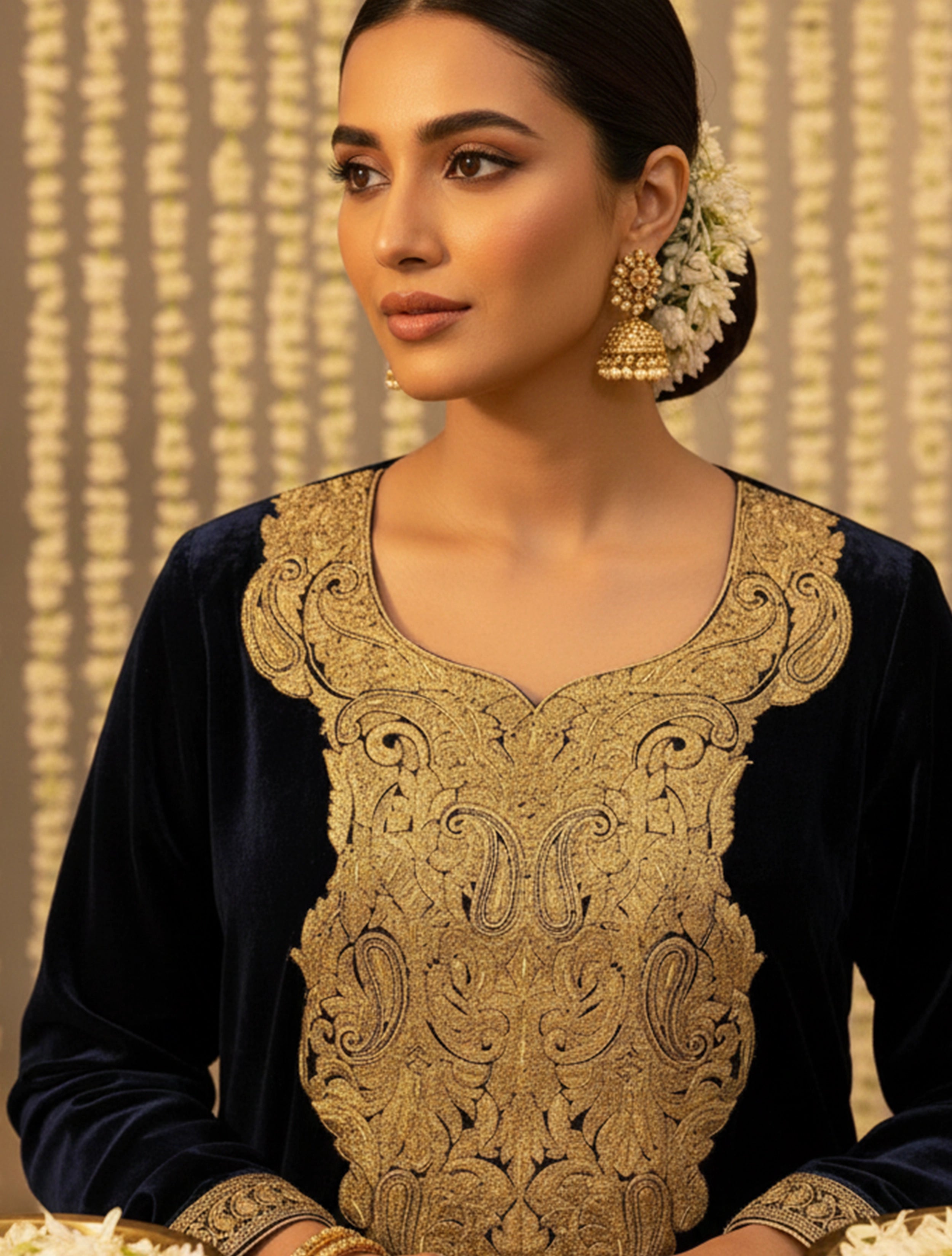 trueBrowns Navy Velvet Embroidered Chogha Pants Dupatta Set