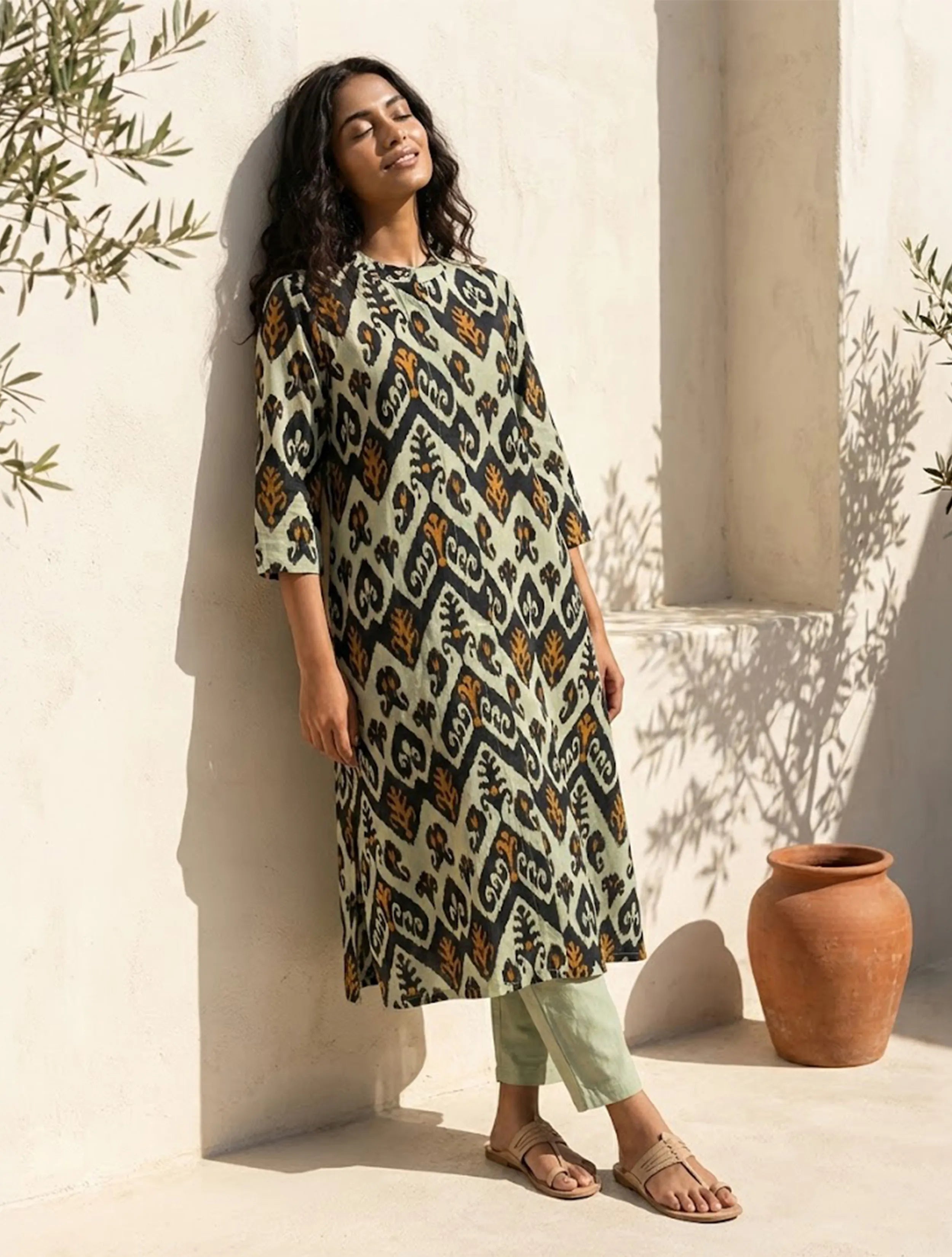 trueBrowns Mint Green Ikat Print Cotton Kurta Set