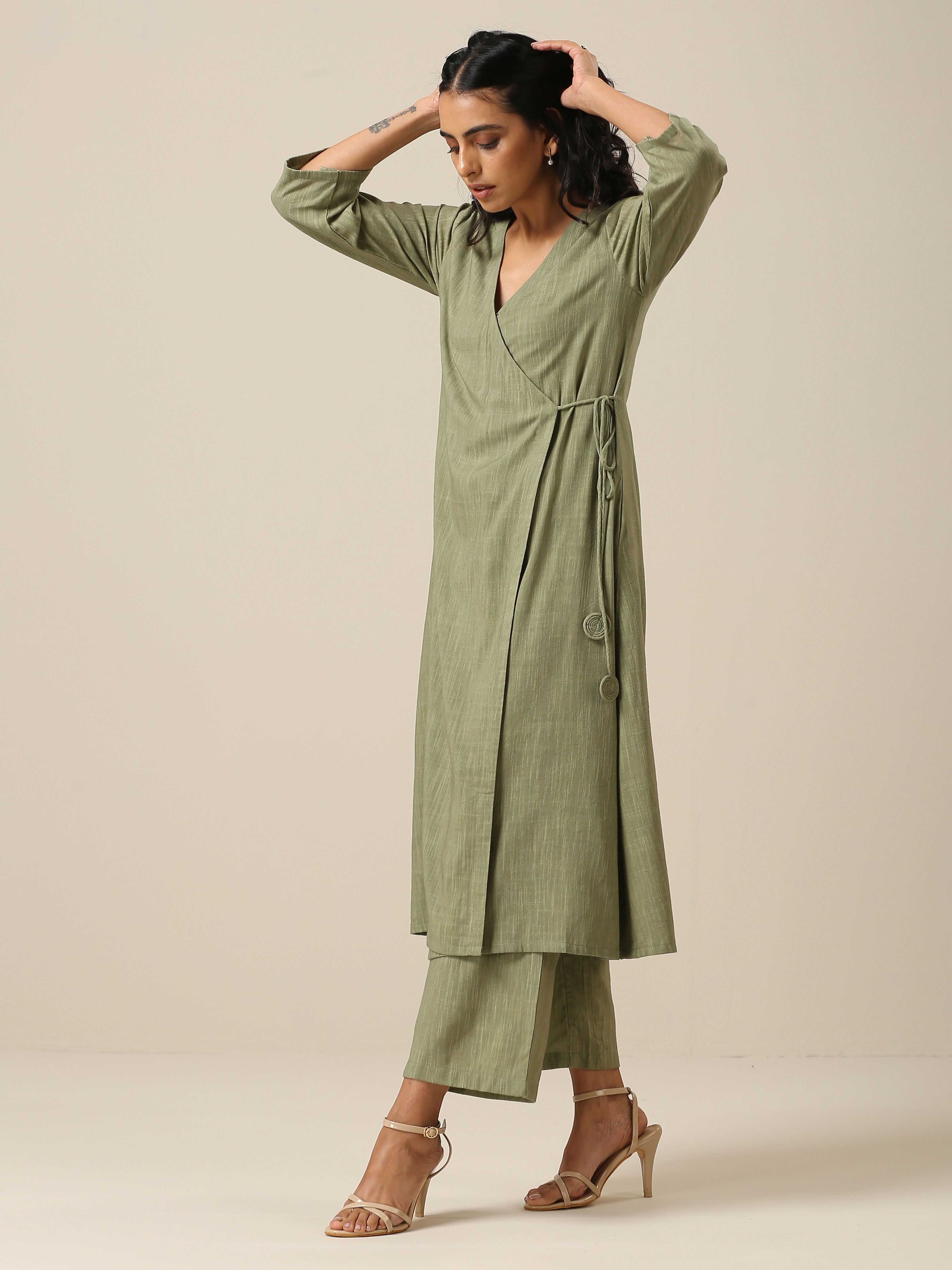 Sage Slub Texture Angrakha Pant Set