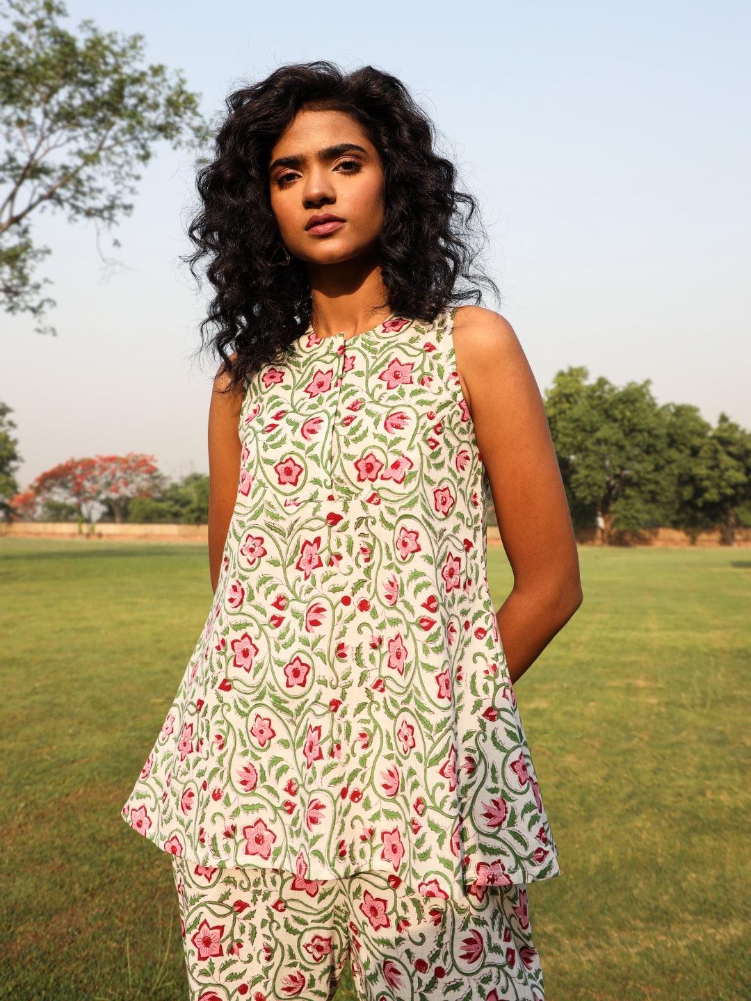 White Cotton Block Print Sleeveless Co-Ord set - trueBrowns
