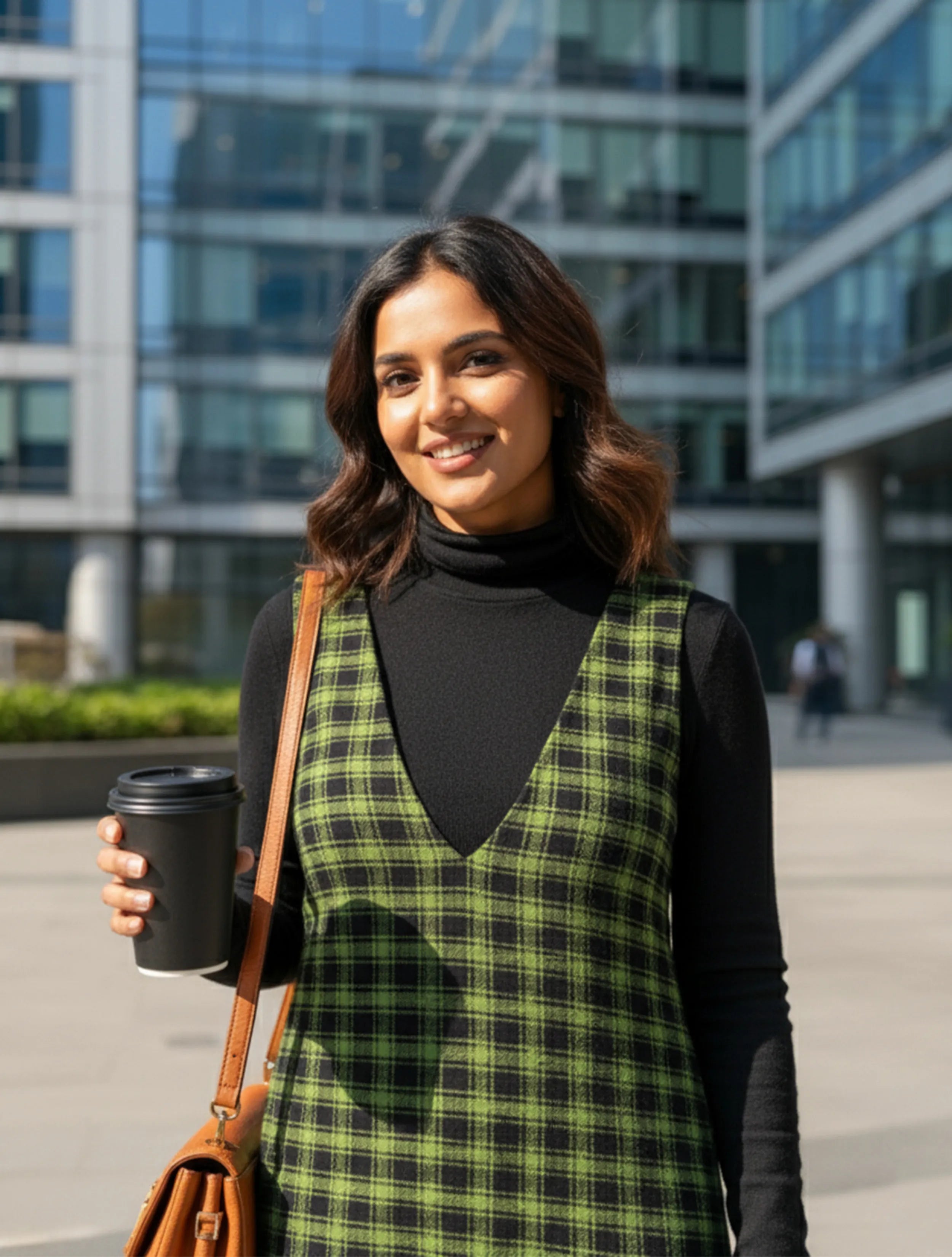 trueBrowns Green Black Sleeveless Check Dress