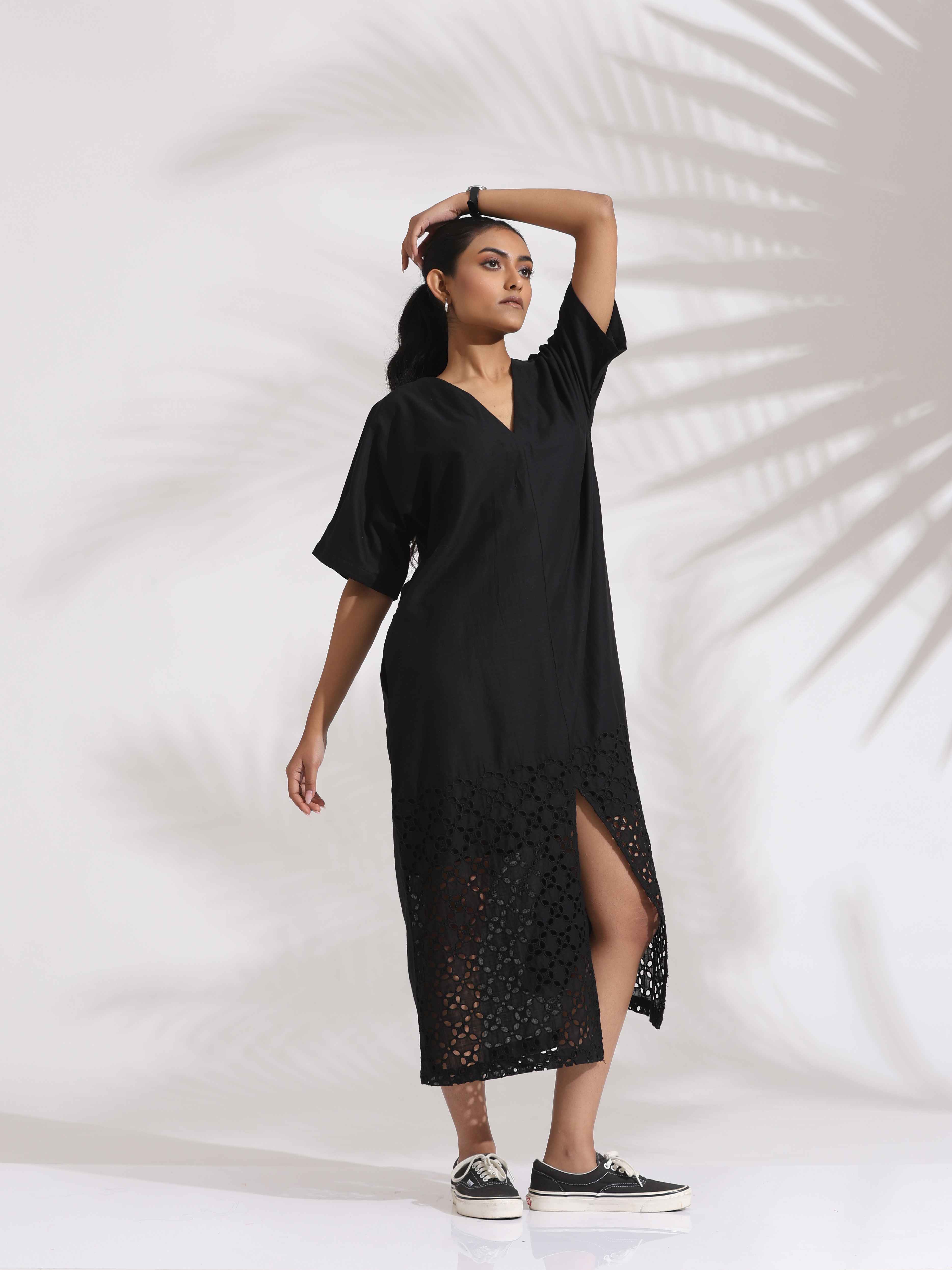 trueBrowns Black Cotton Schiffli Slit Dress