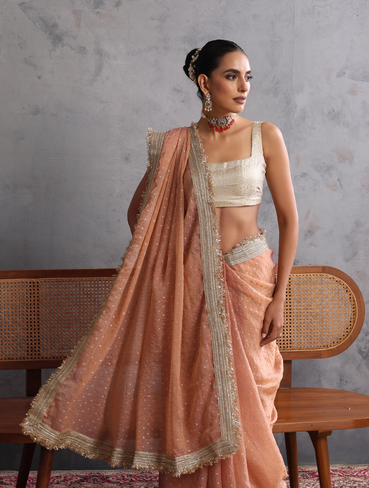 trueBrowns Peach Tissue Foil Printed Saree With Unstitched Blouse