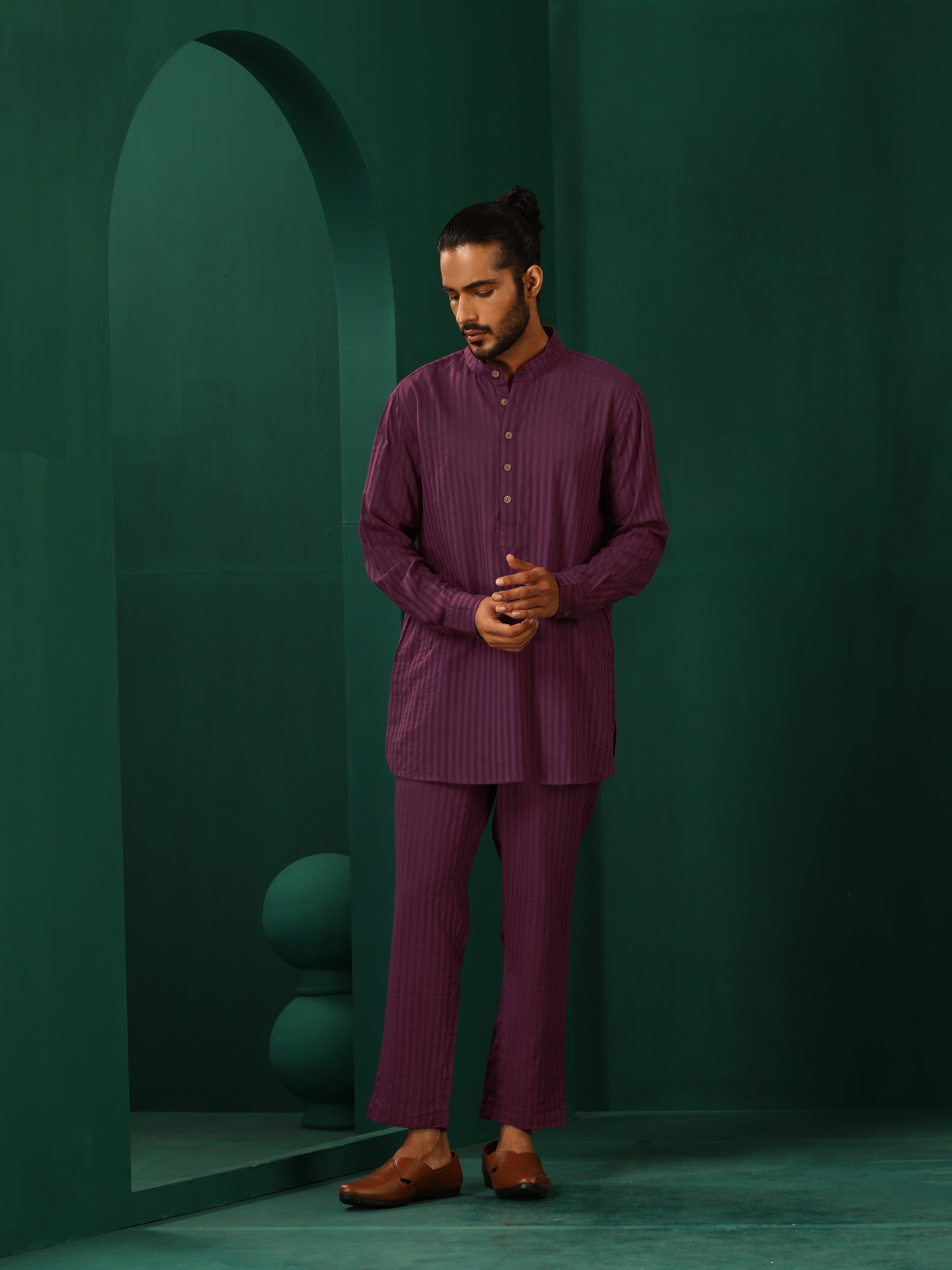 trueBrowns Men Purple Dobby Co-ord Set