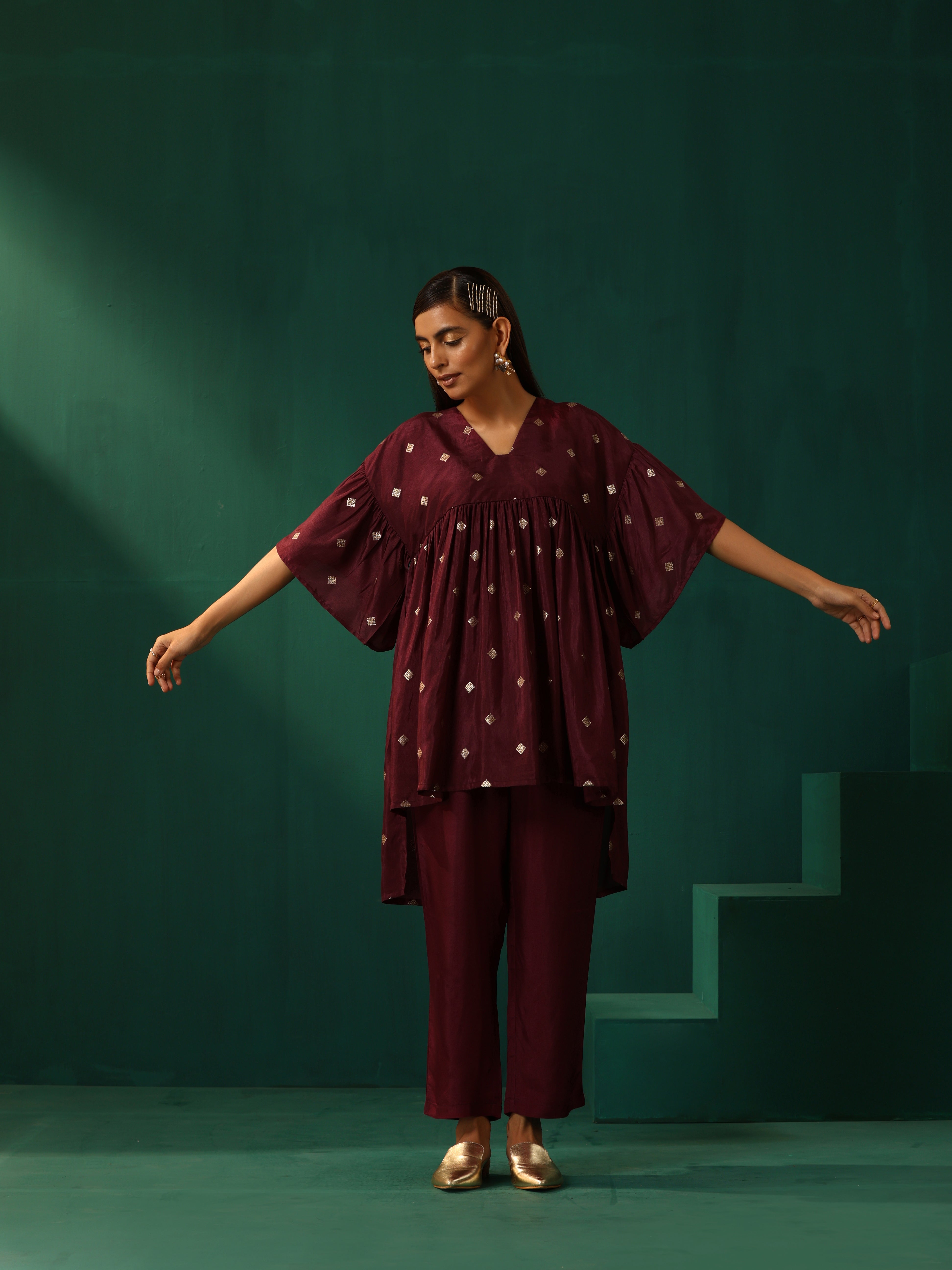 trueBrowns Wine Diamond Viscose Silk Co-ord Set