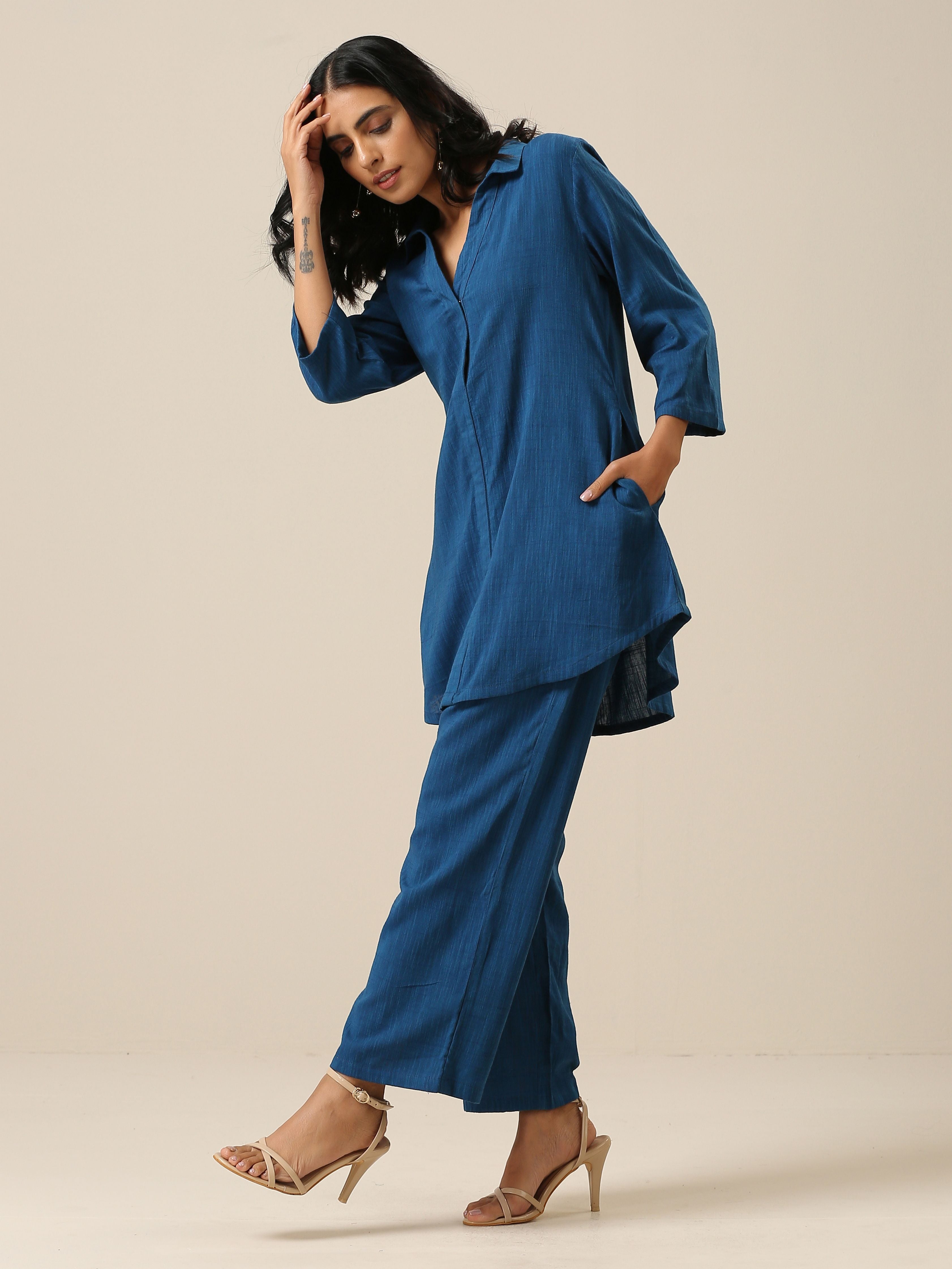 Classic Blue Slub Texture Collar Short Co-Ord Set