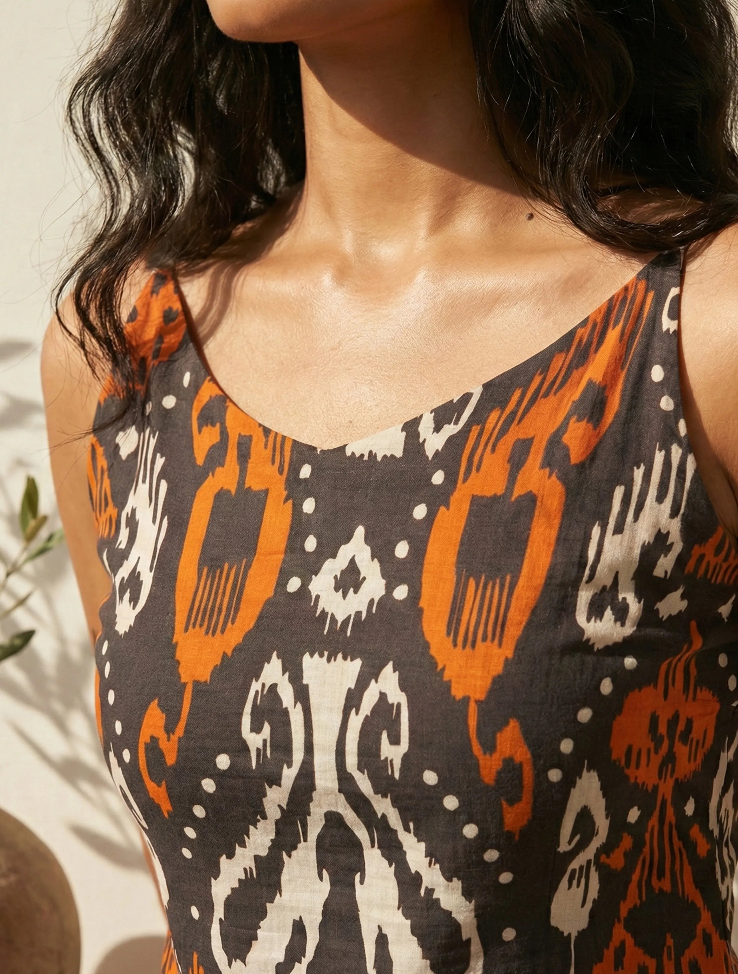 trueBrowns Cola Orange Ikat Print Cotton Mull Strappy Long Dress