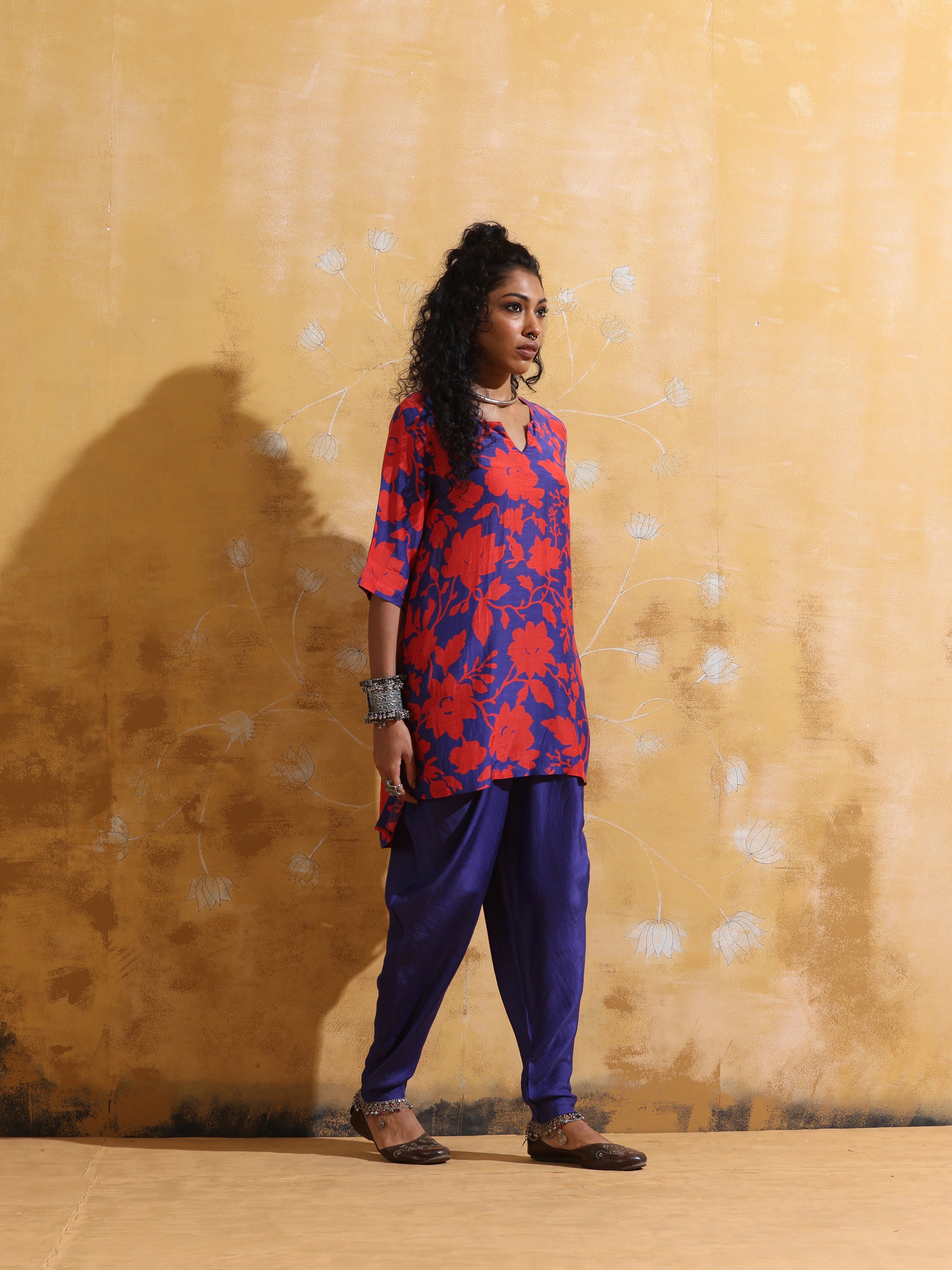 trueBrowns Purple Red Jaal Print Muslin Silk Dhoti Co-ord Set