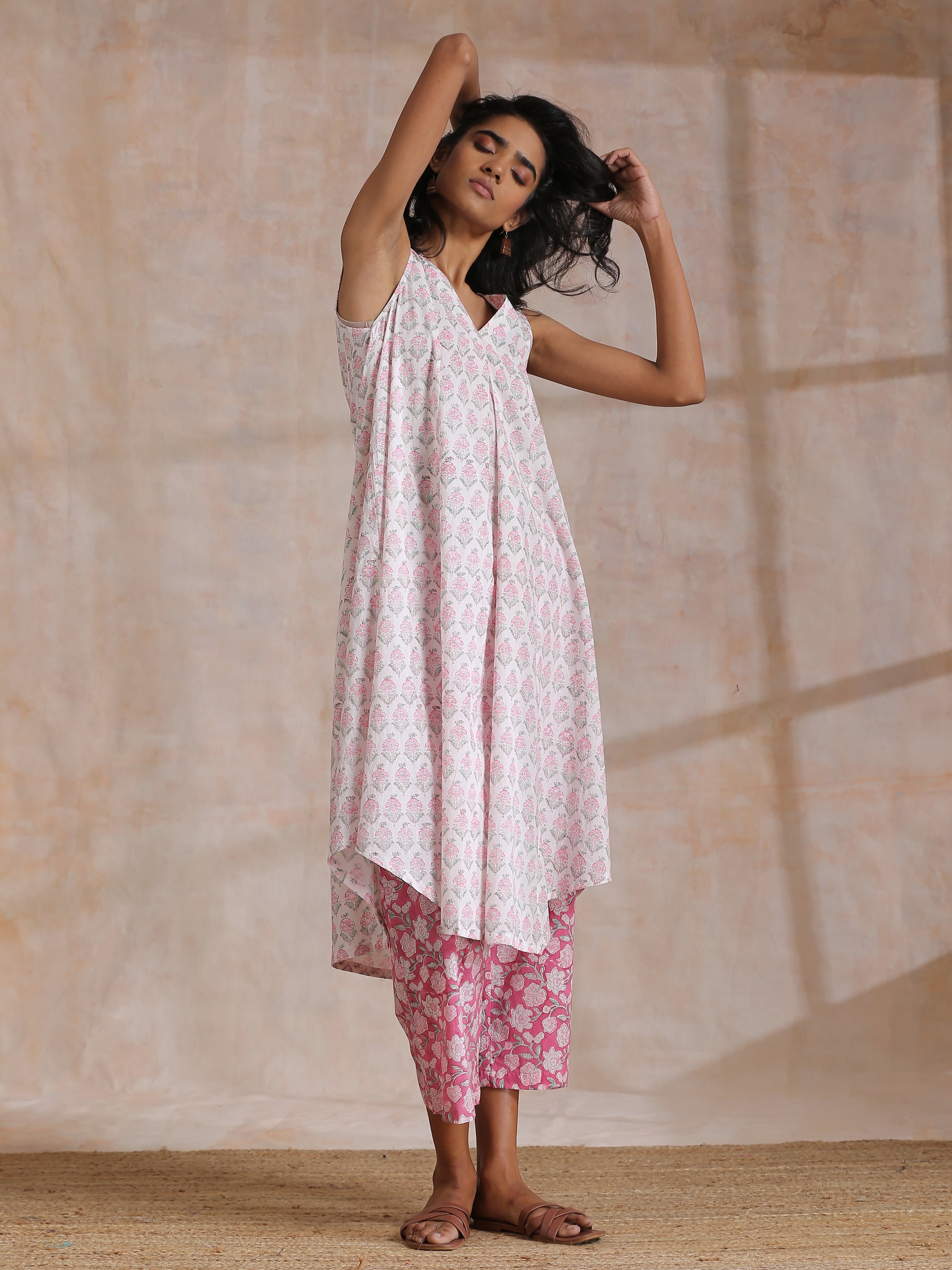 Pink Green Floral On White Block Print Cotton Sleeveless Flared Kurta Pant Set