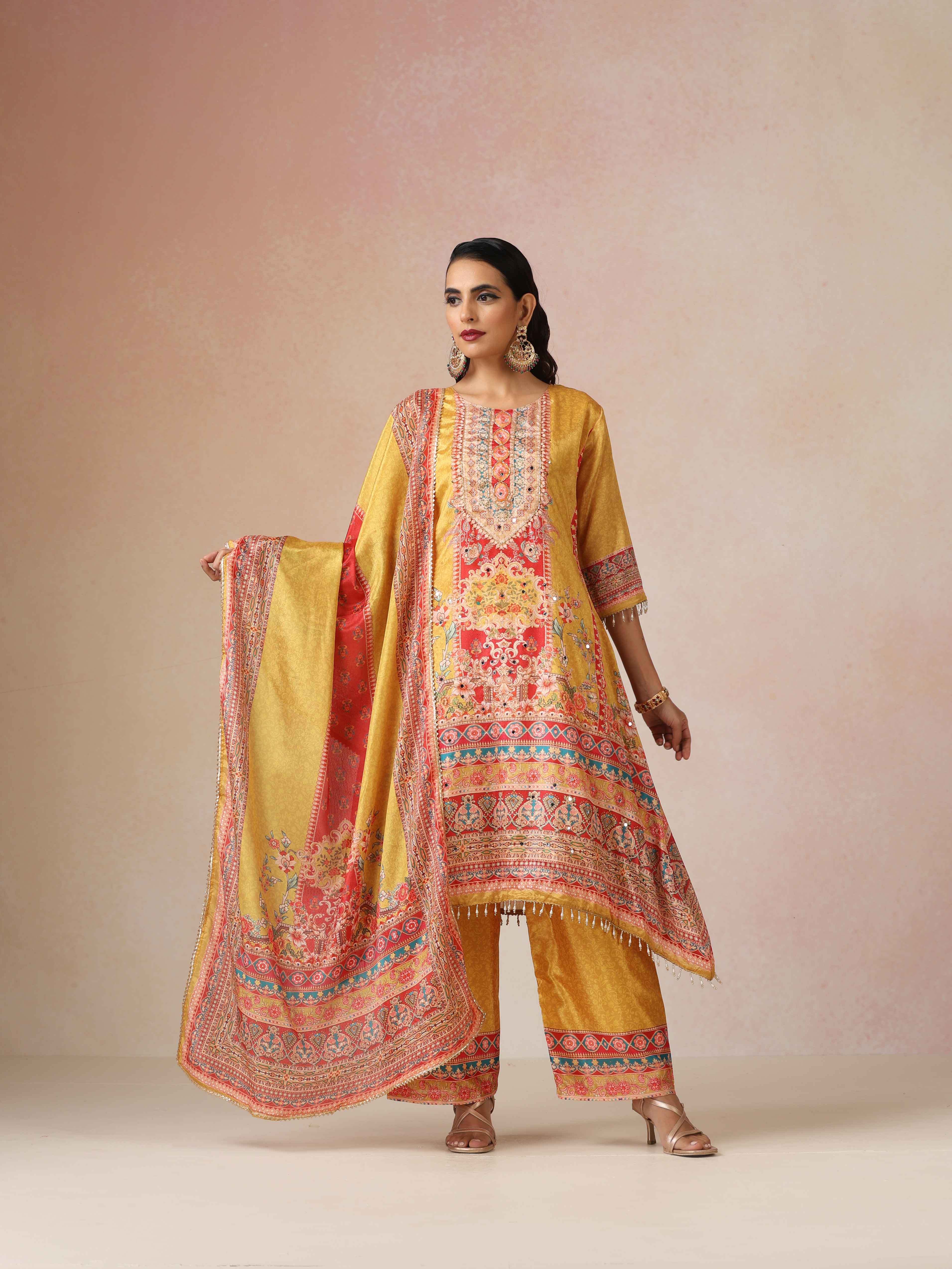 trueBrowns Yellow Print A-Line Kurta 3pc Set