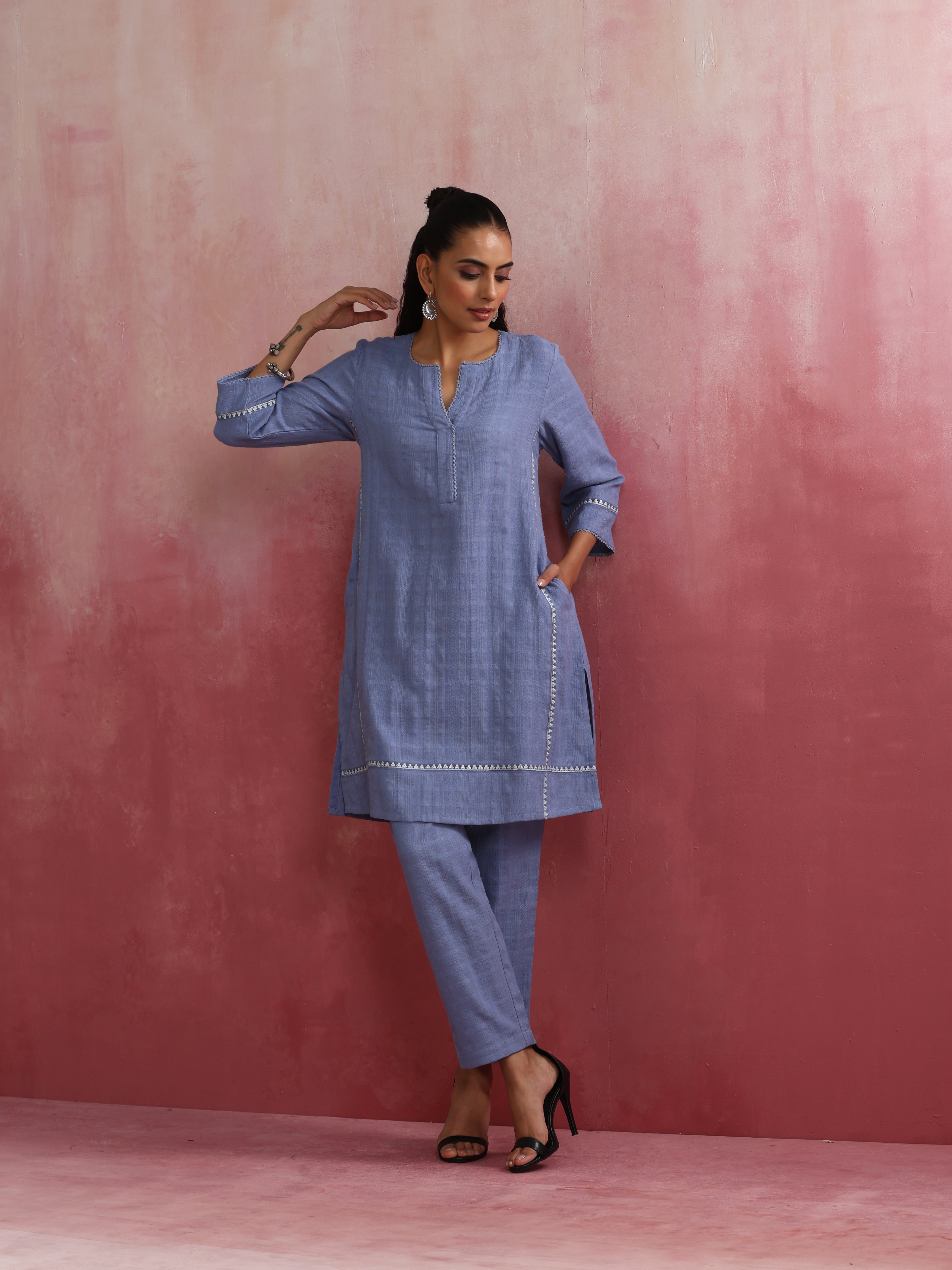 trueBrowns Sky Blue Cotton Kurta Co-ord set