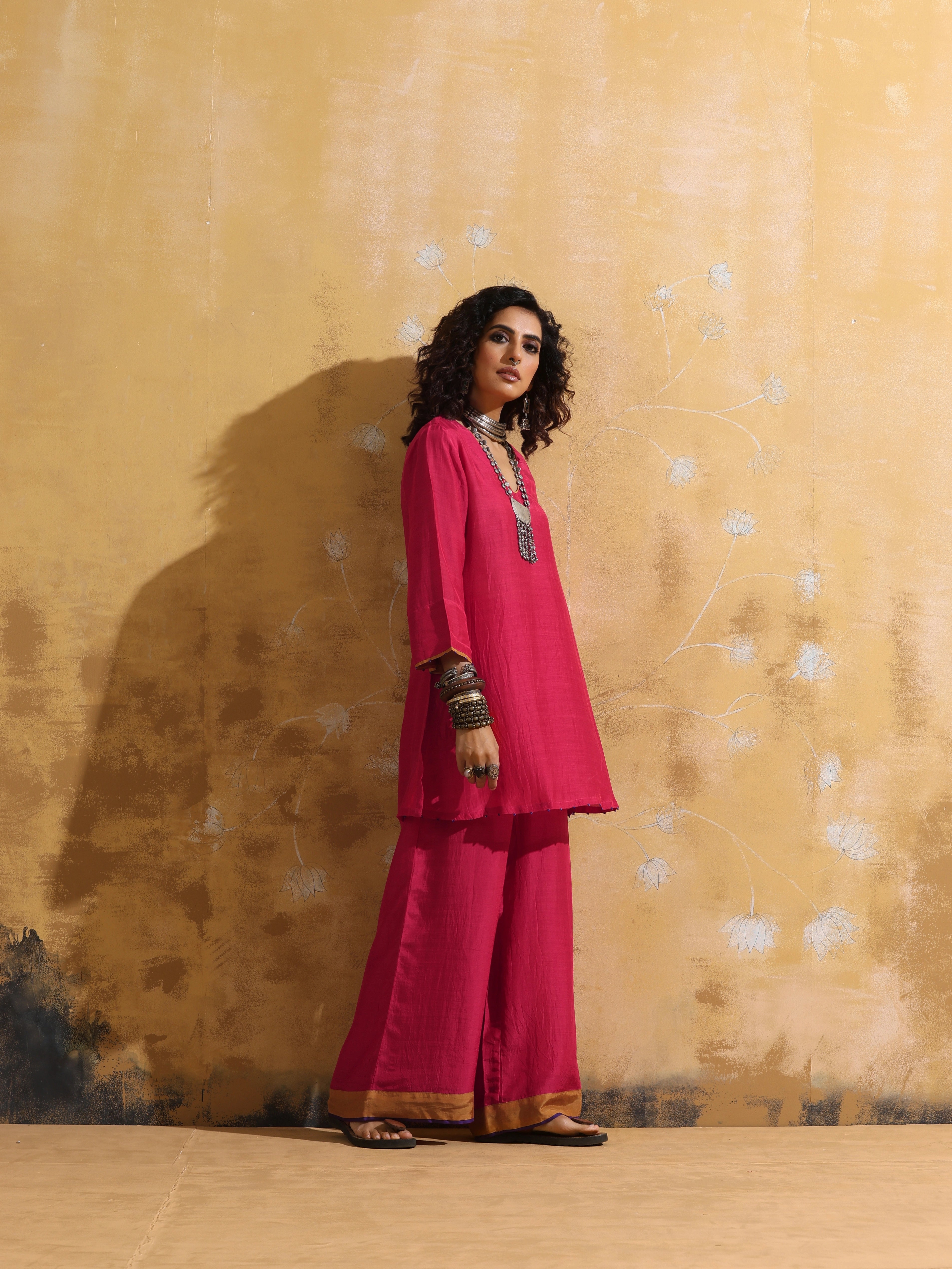 trueBrowns Pink Muslin Silk Co-ord Set with Flared Pants