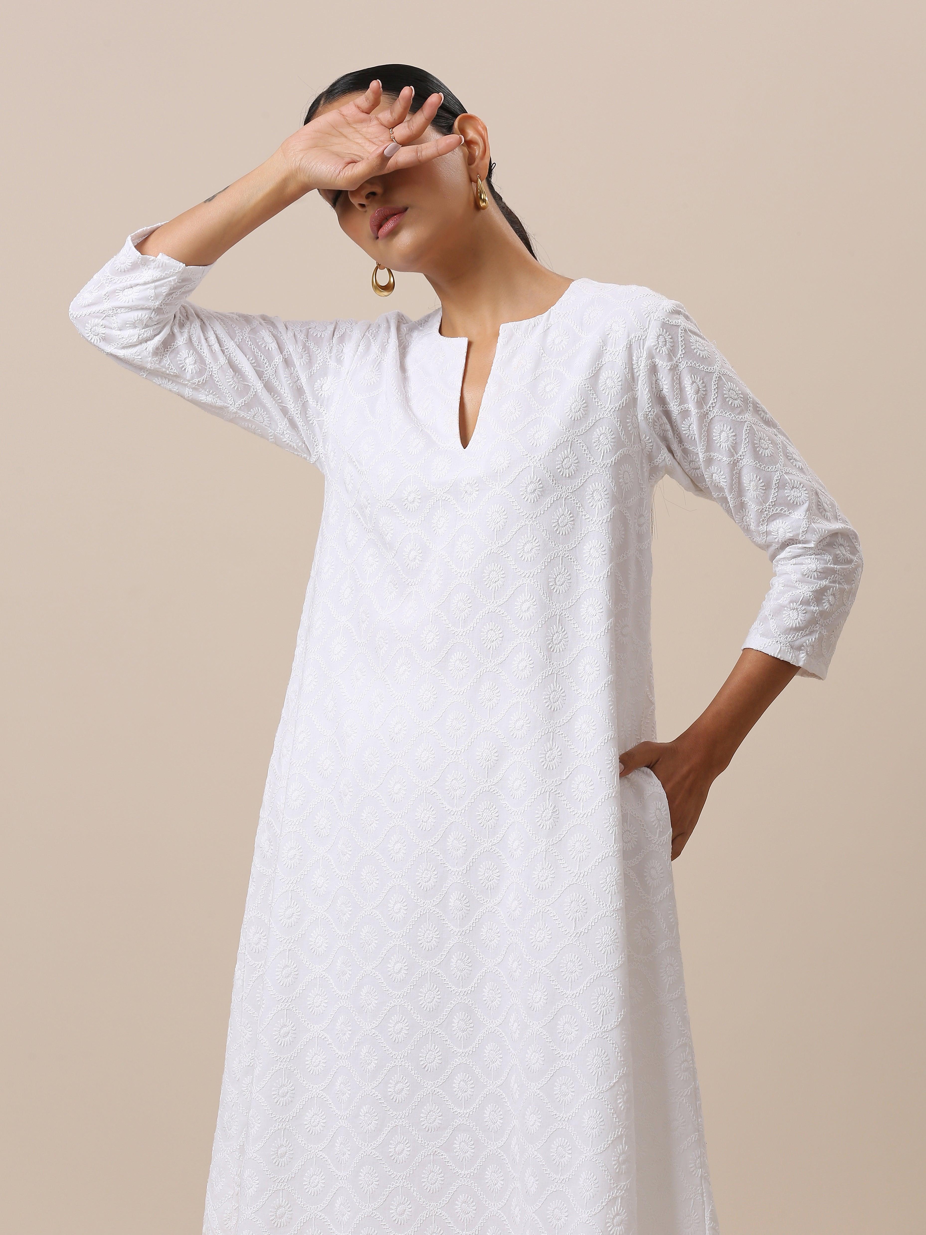 Cotton White Embroidered Flared Kurta Pant Set - trueBrowns