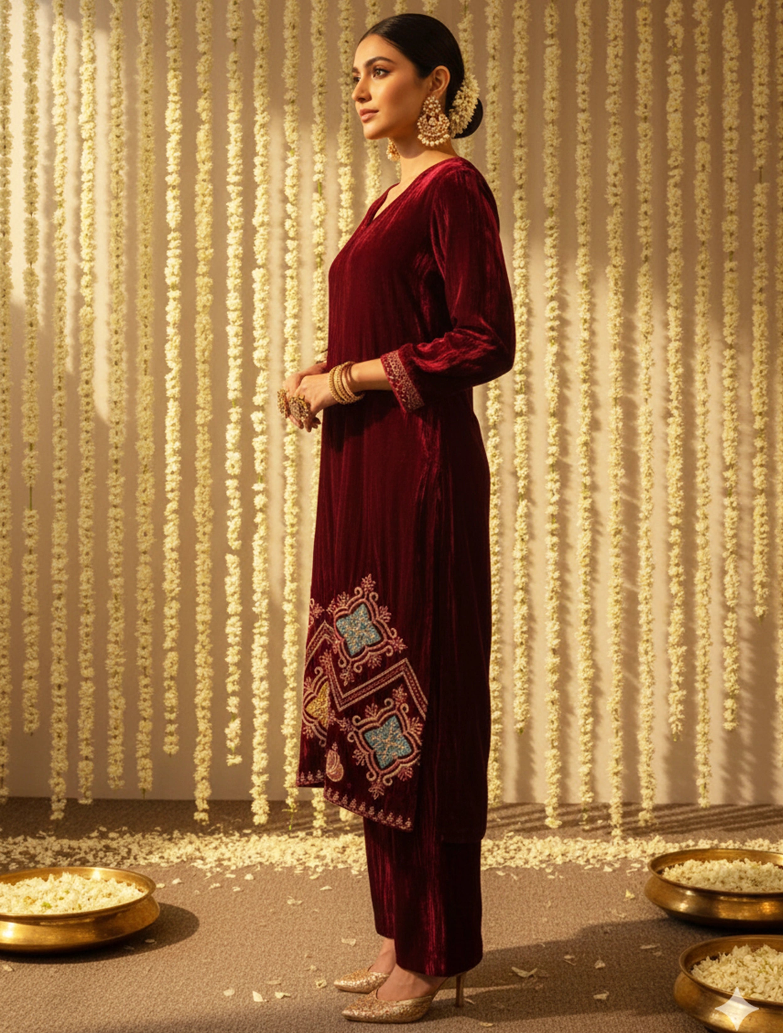 trueBrowns Maroon Crinkled Velvet Embroidered Kurta Pants Dupatta Set