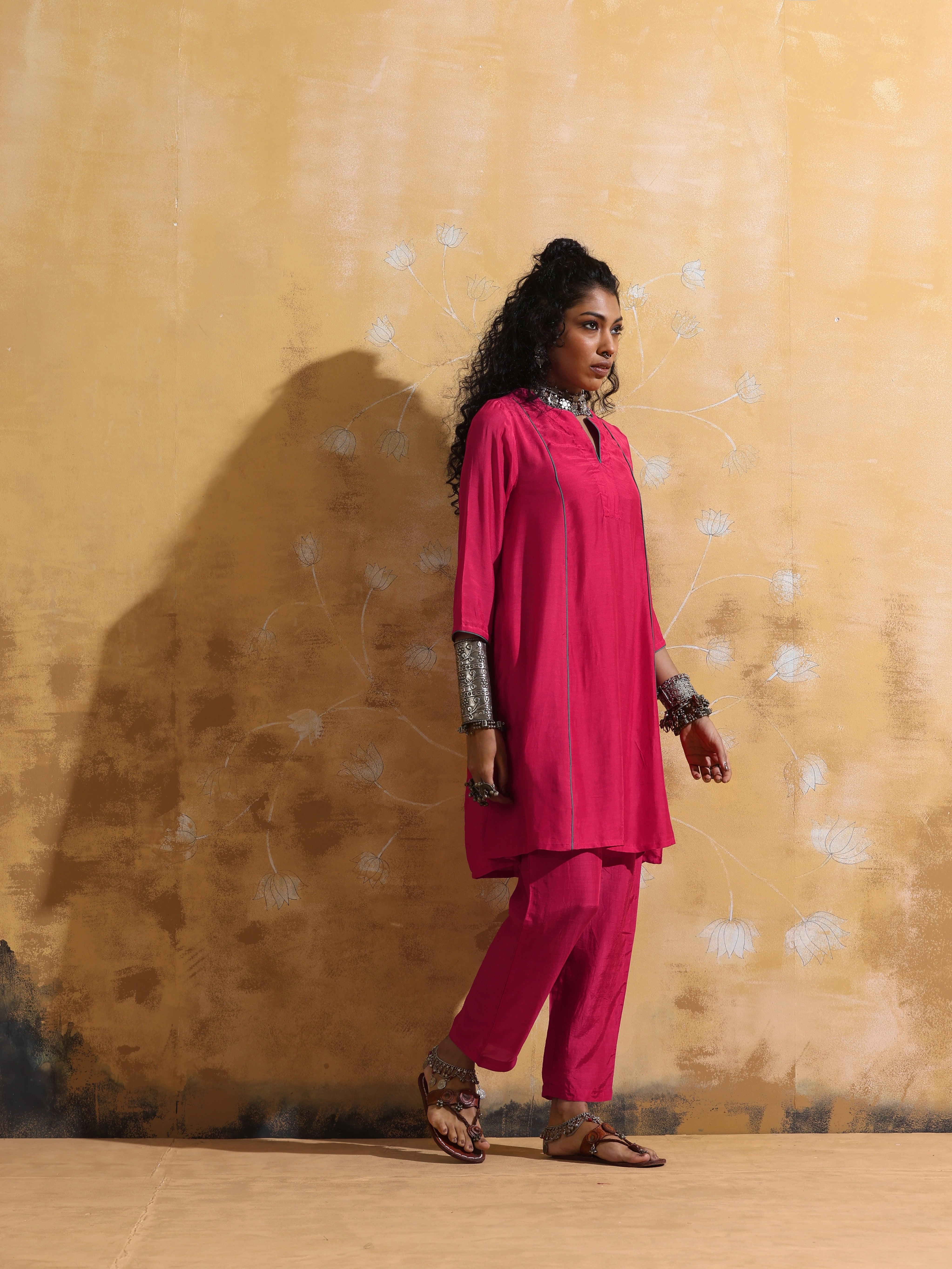 trueBrowns Pink Muslin Silk A-Line Kurta Co-ord Set