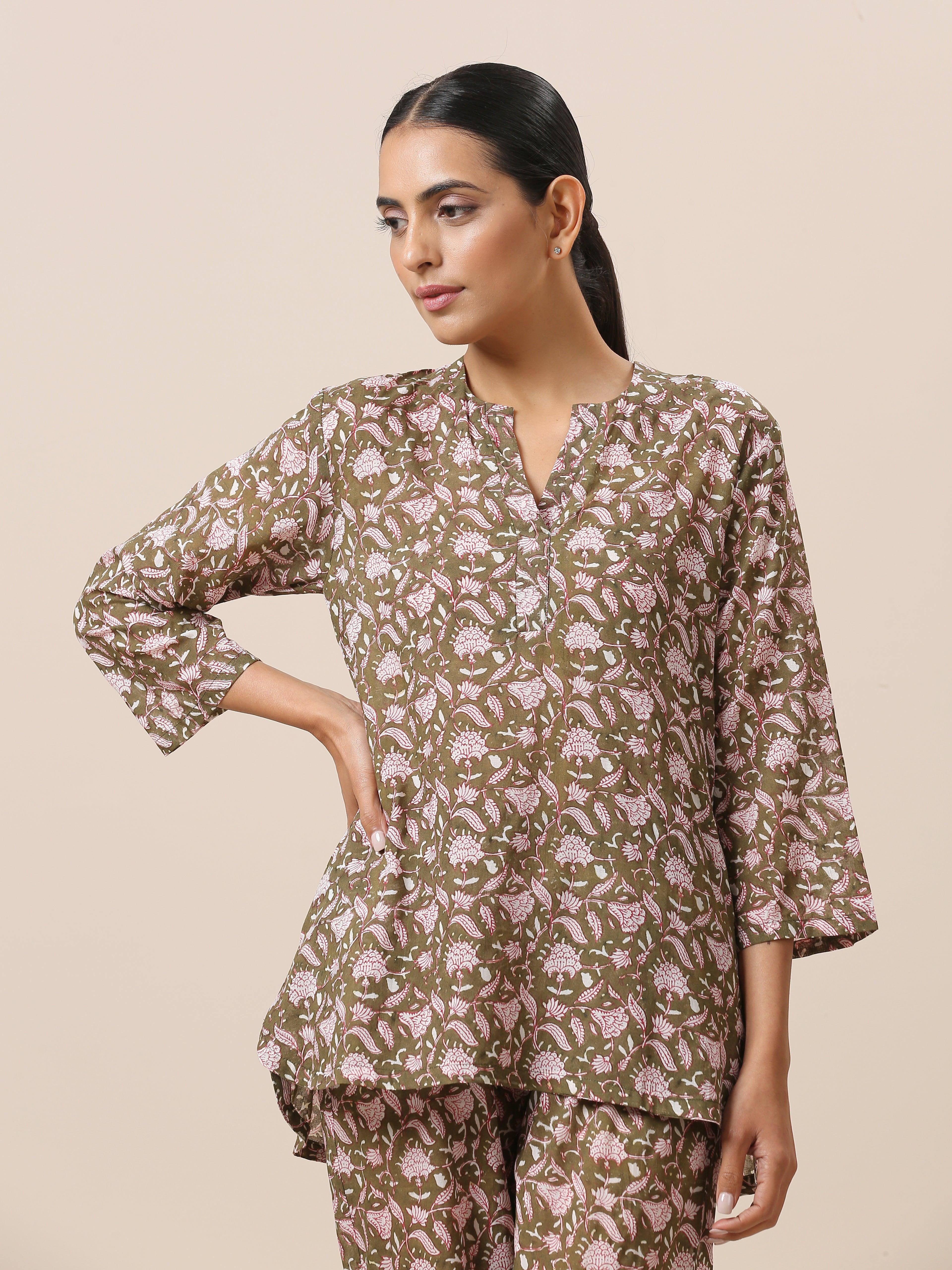 Cotton Hand Block Printed Olive Green Co-Ord Set - trueBrowns