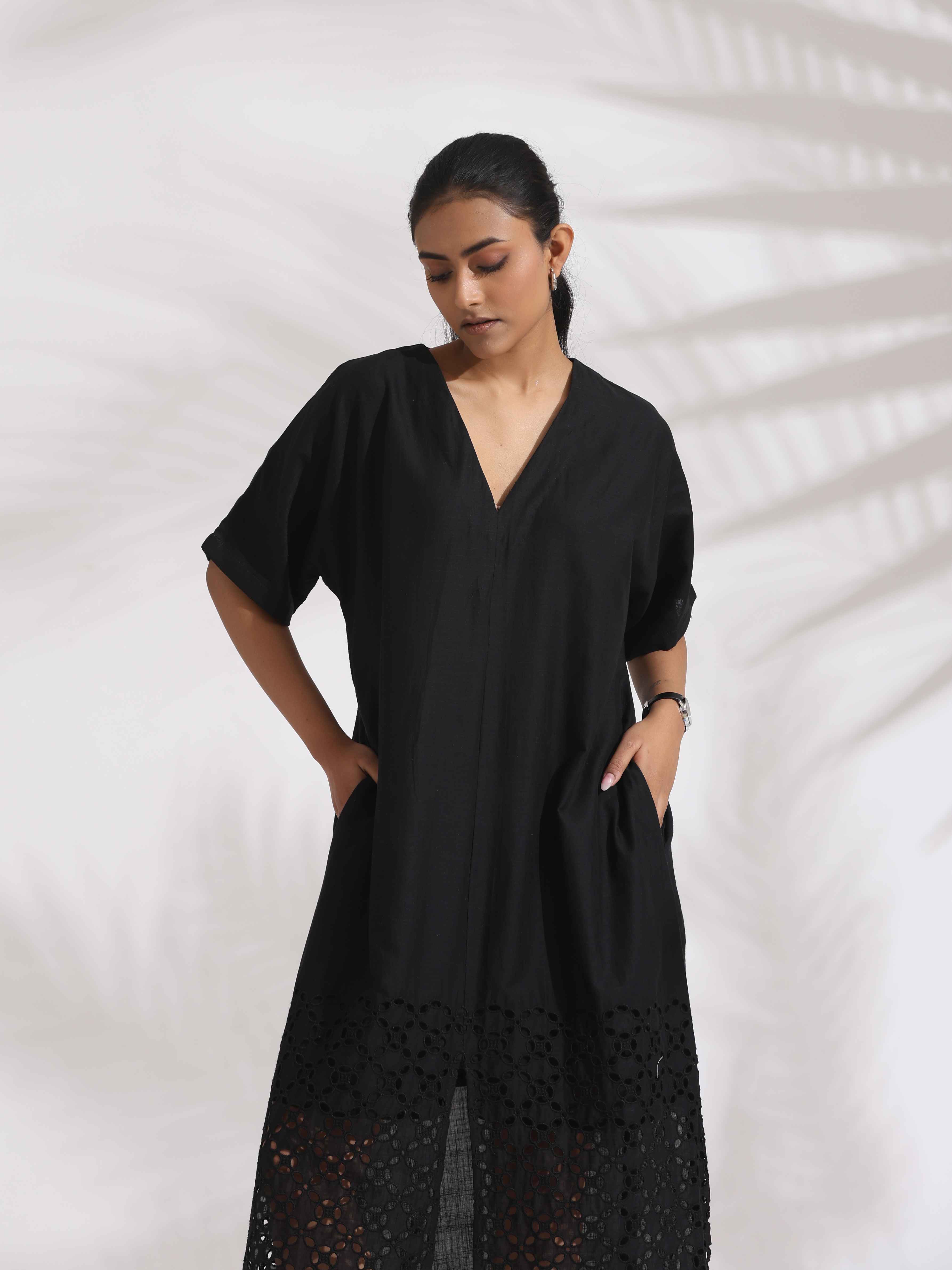 trueBrowns Black Cotton Schiffli Slit Dress