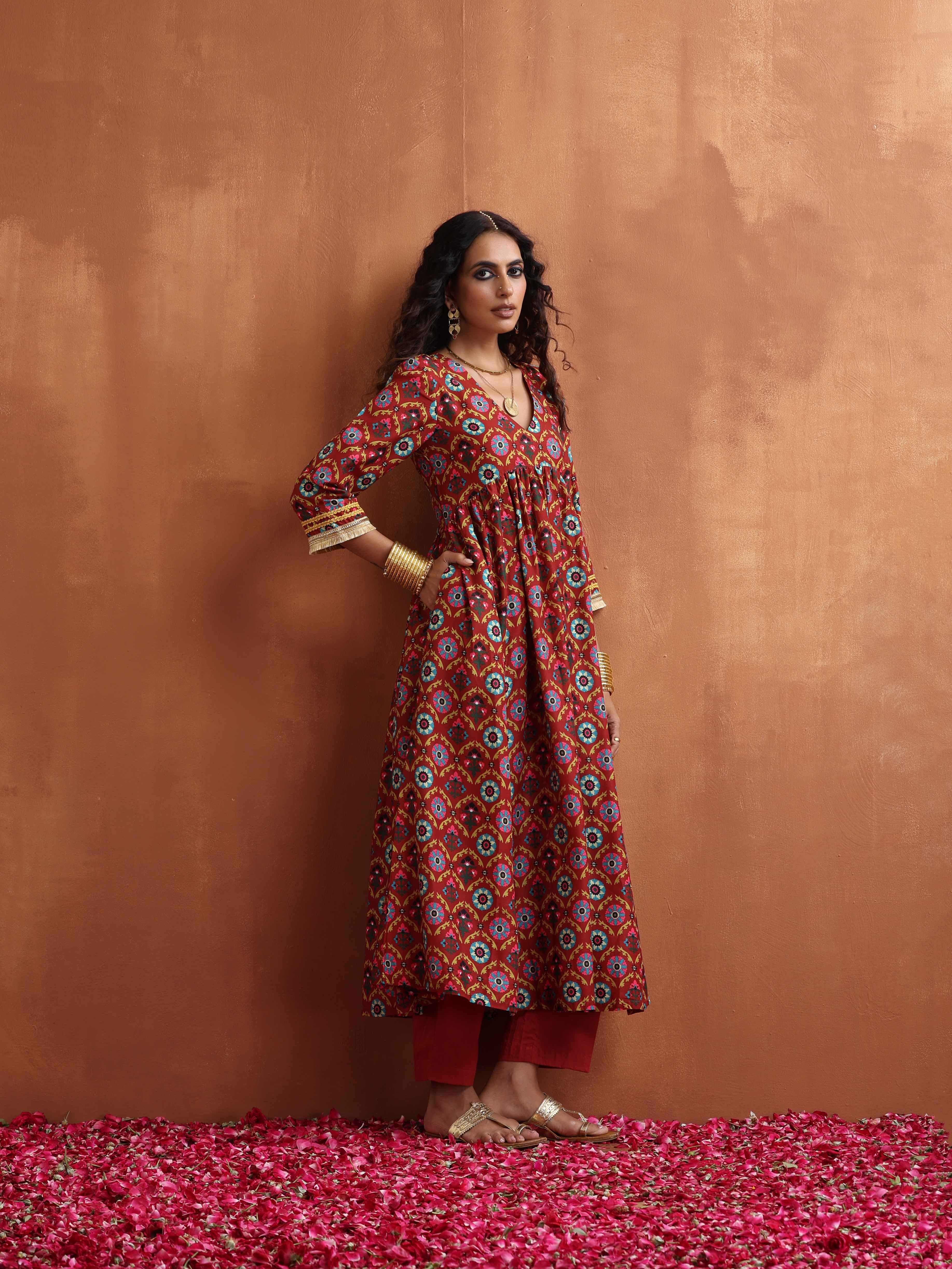 trueBrowns Maroon Print Flared Anarkali Kurta Set
