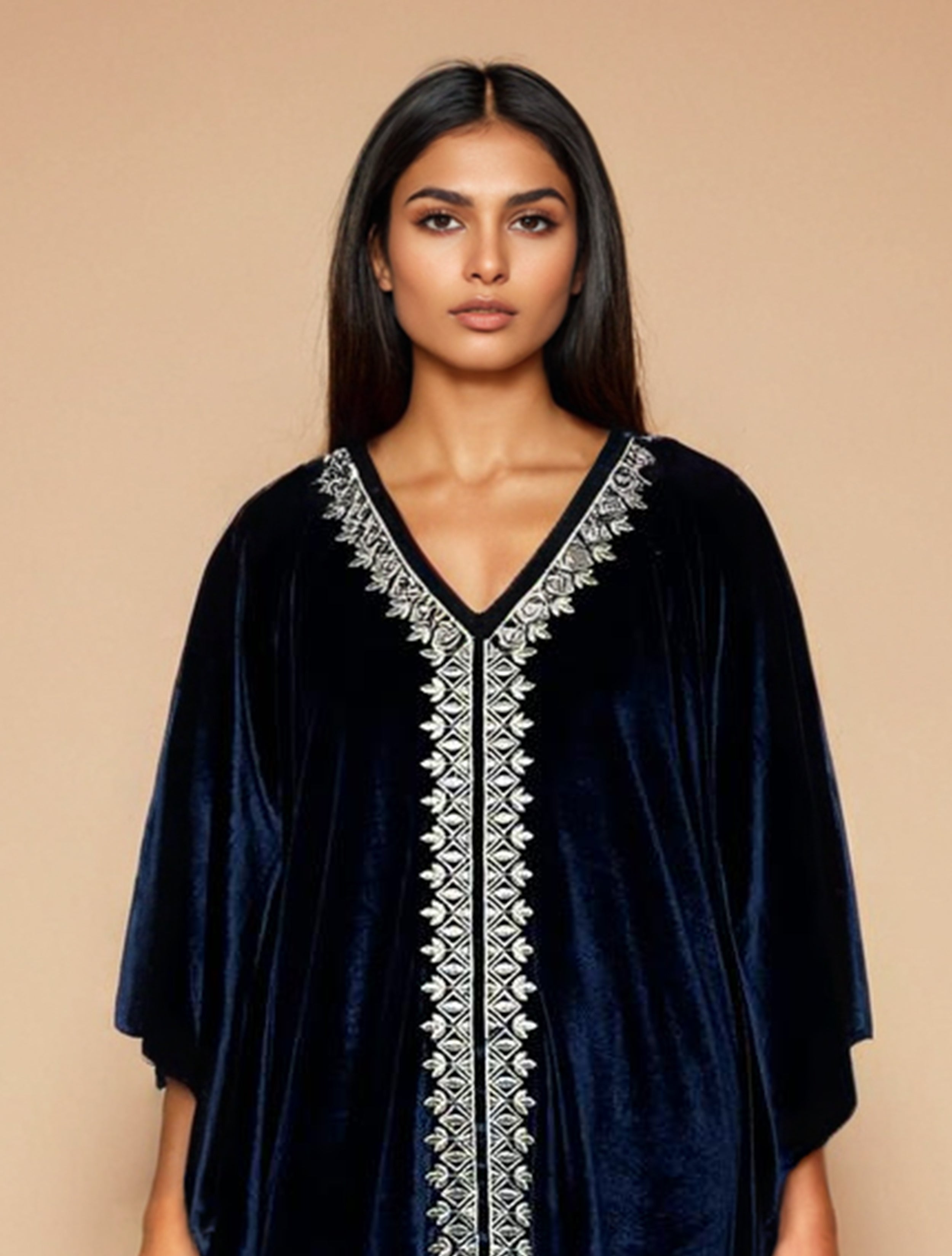 trueBrowns Navy Blue Velvet Embroidered Kaftan Kurta Set