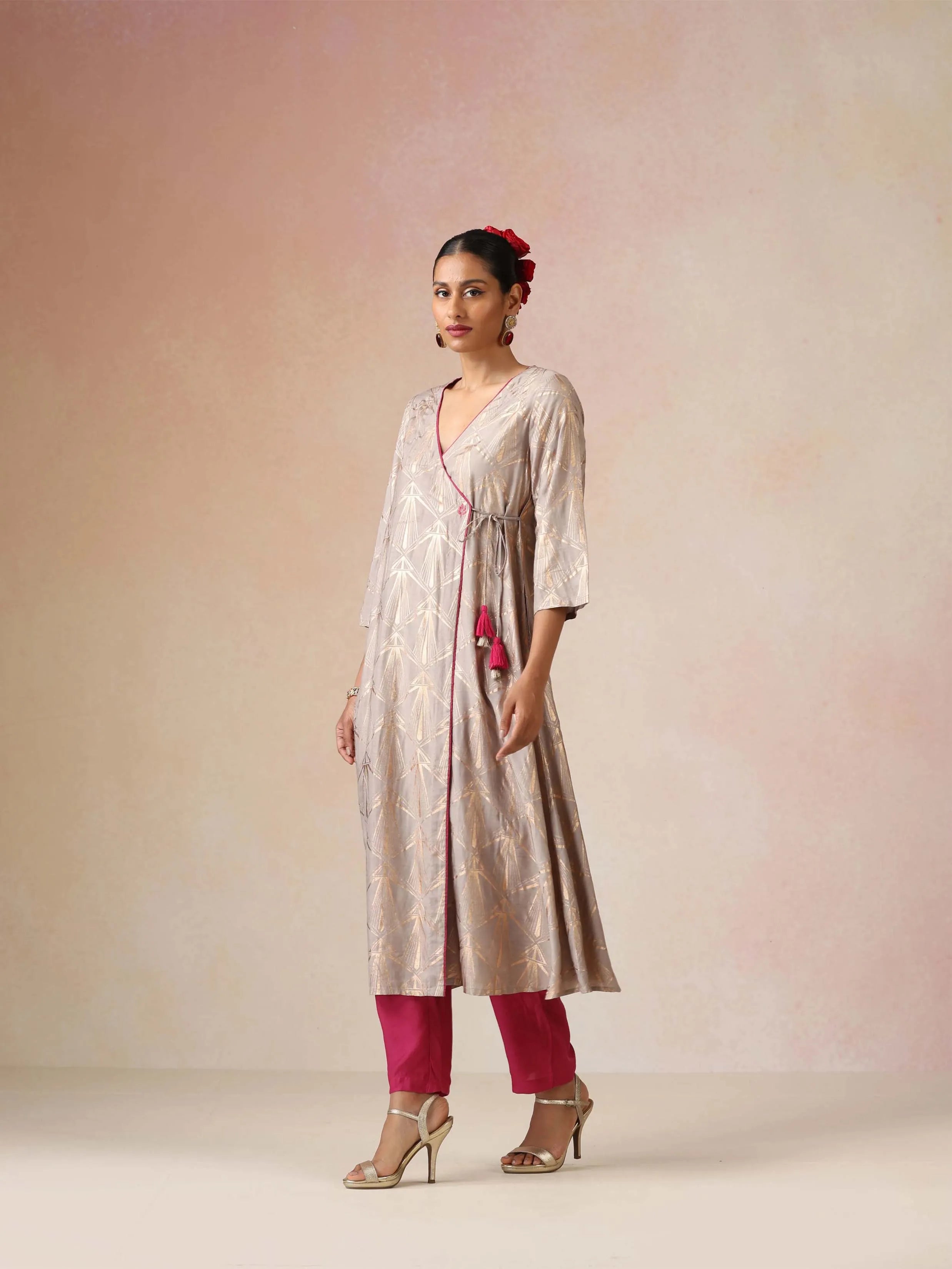 trueBrowns Grey Rose-Gold Foil Print Angrakha Kurta Set