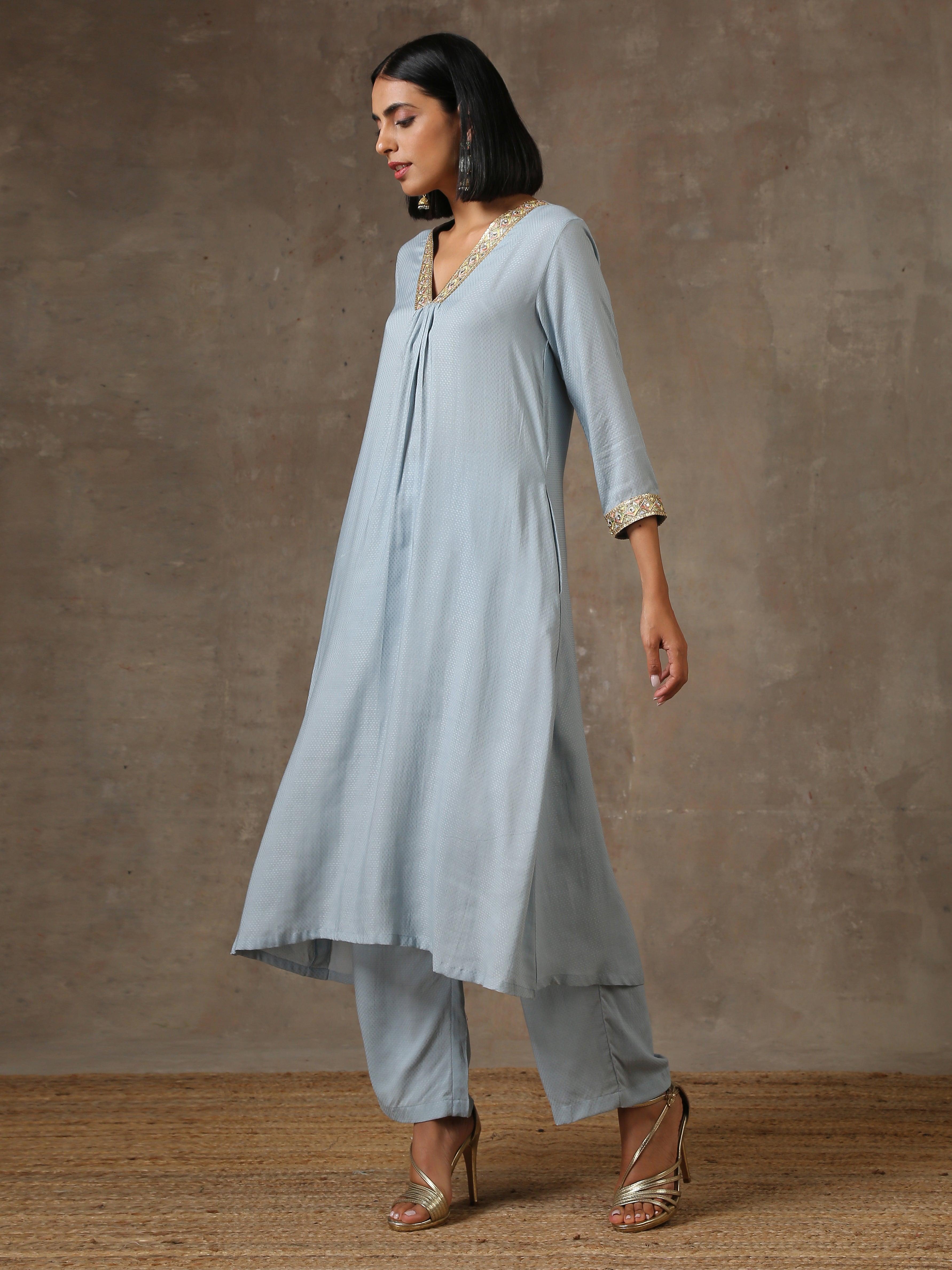 The Daphne - Light Blue Solid Textured Kurta Pant Set - trueBrowns