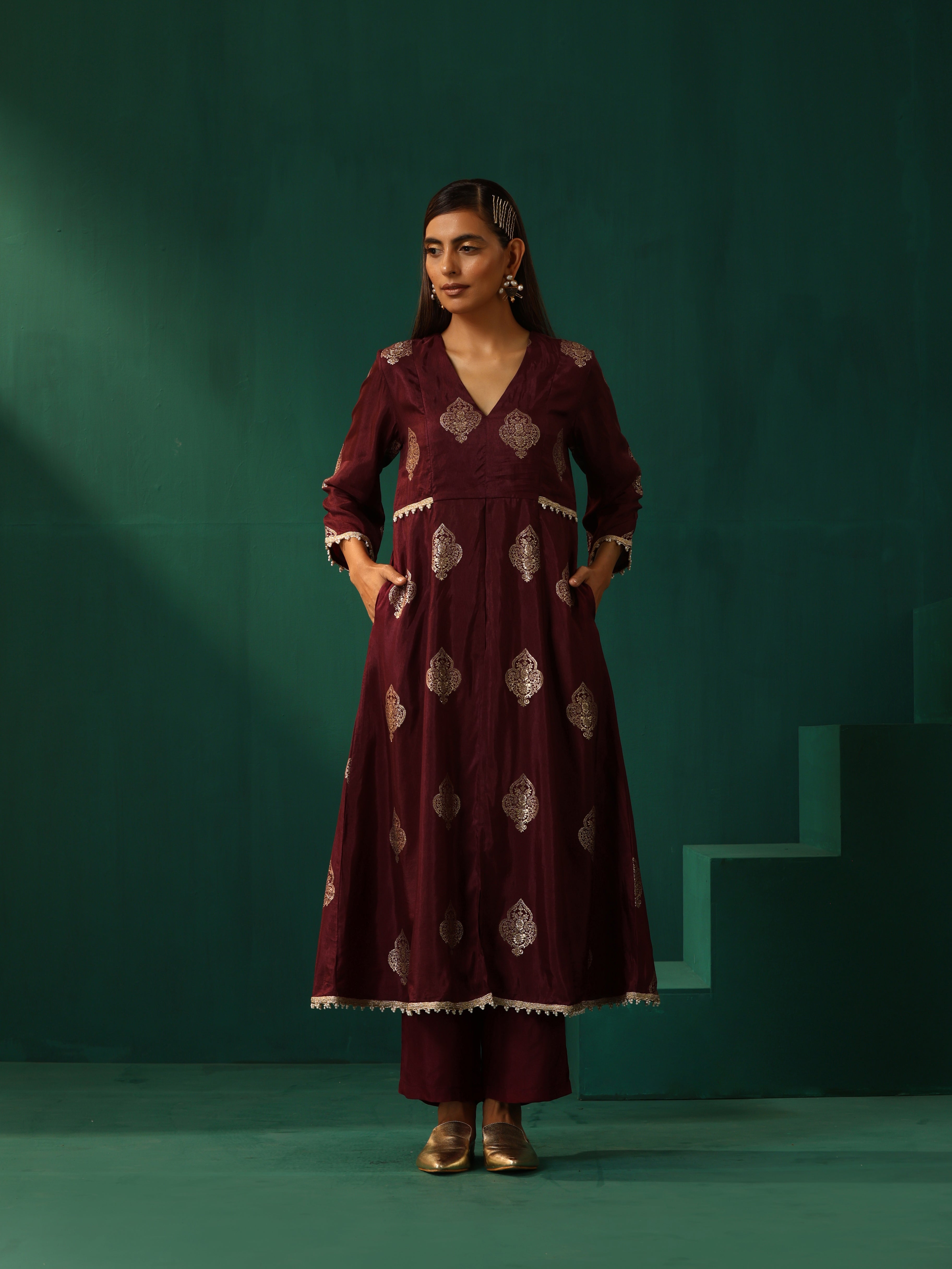 trueBrowns Wine Geometric Viscose Silk Kurta Pant Set