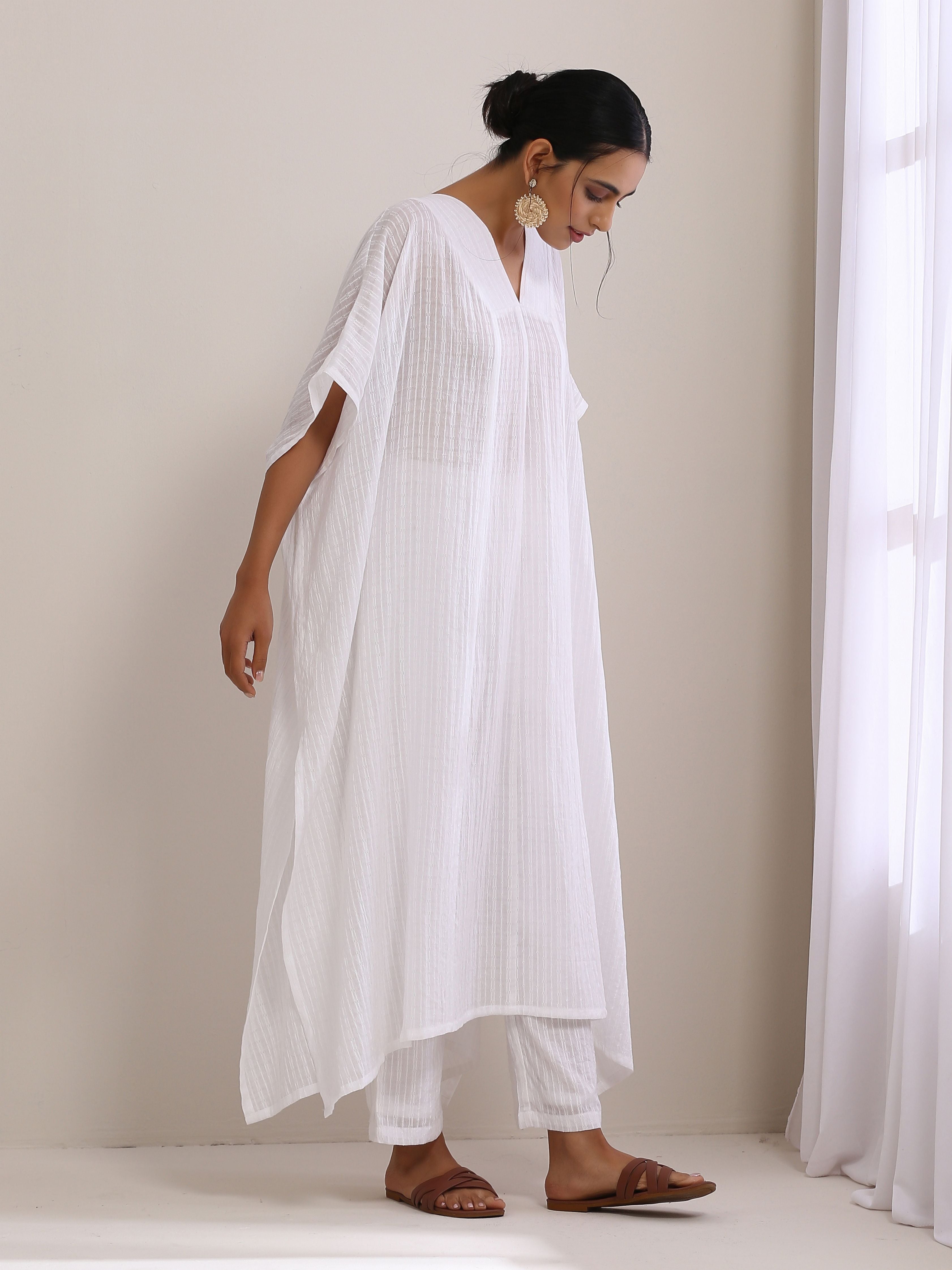 White Dobby Panel Kaftan Kurta Pant Set