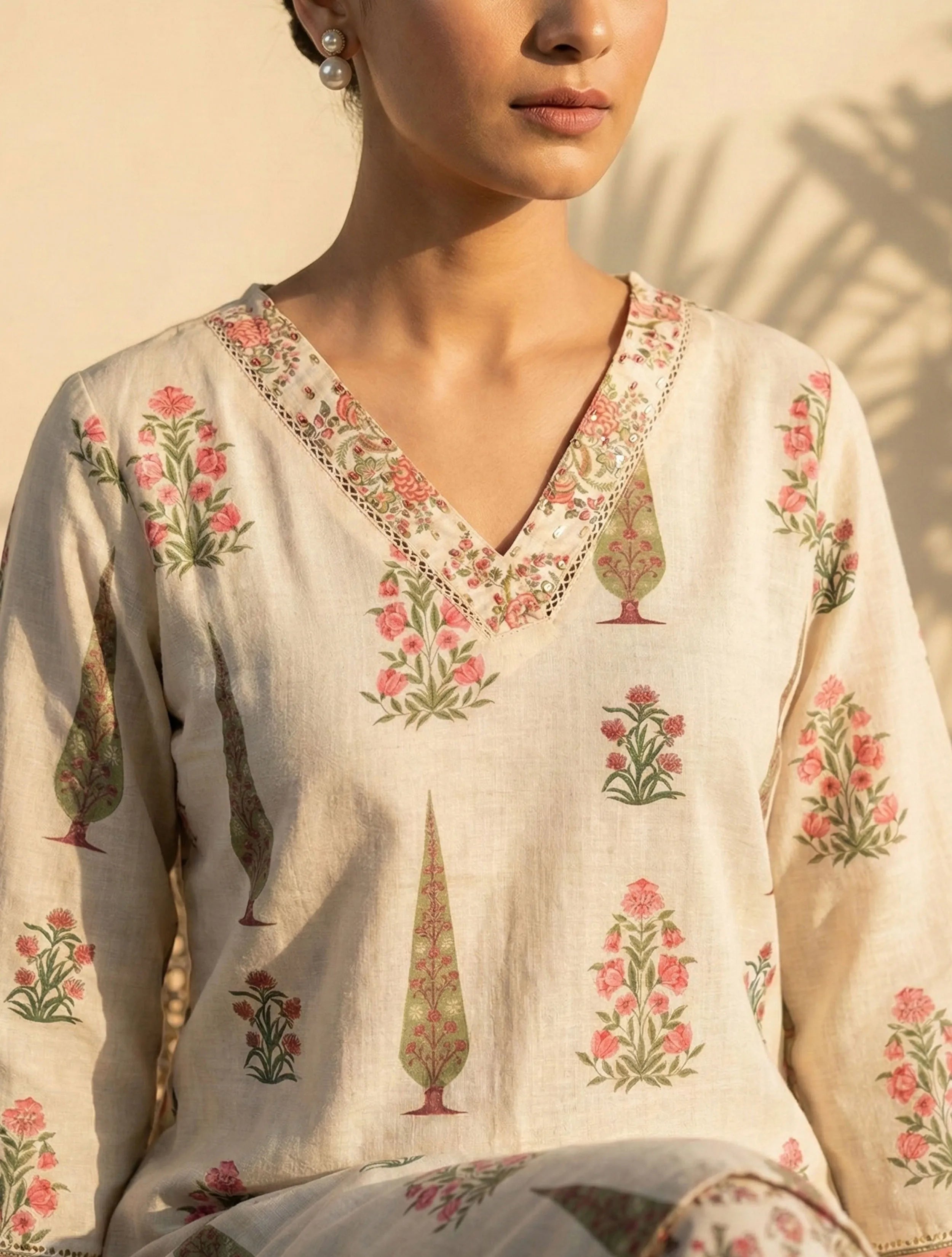 trueBrowns Ivory Boota Print V-Neck Kurta Pant Set