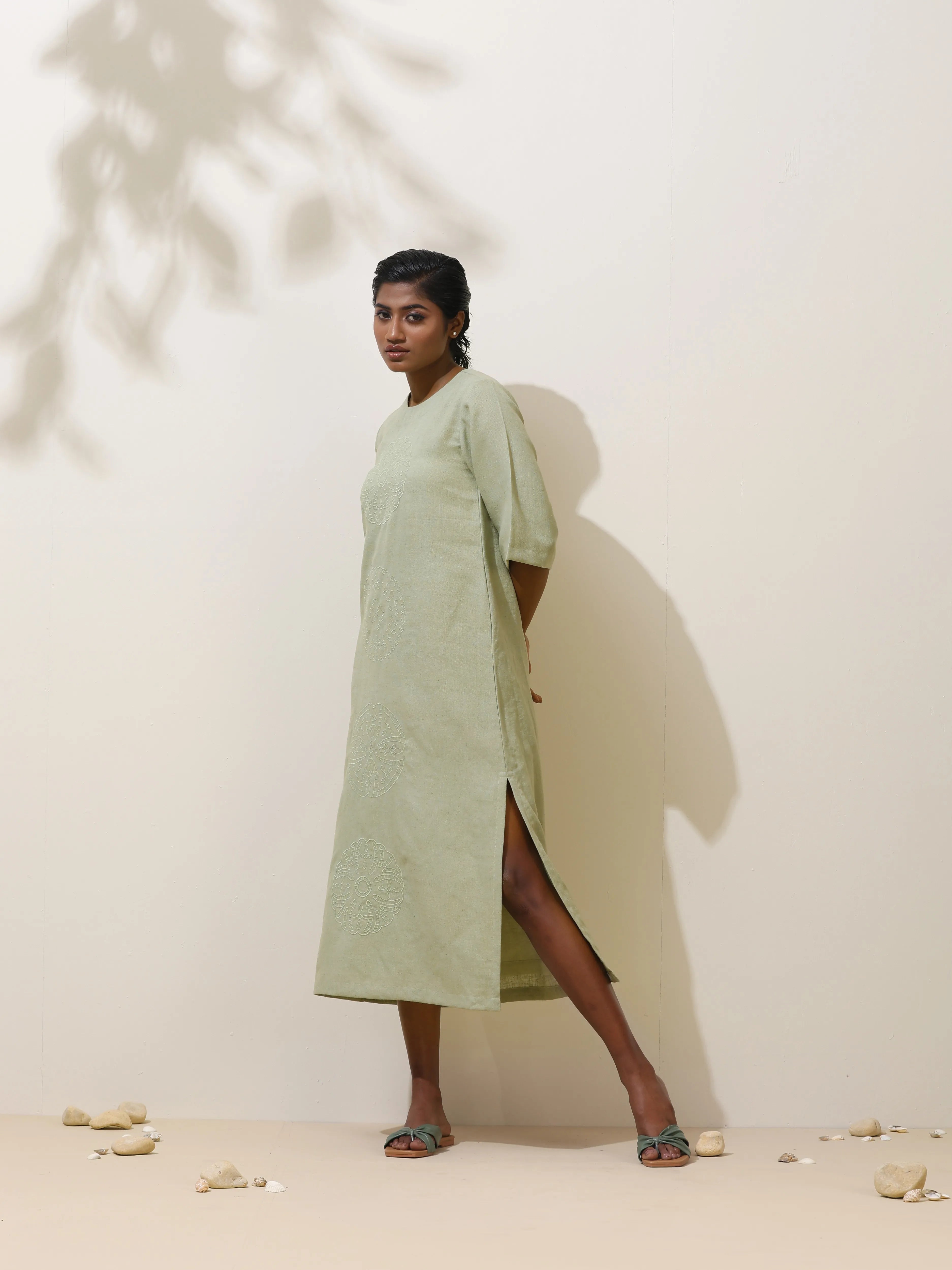 trueBrowns Patcholi Green Embroidered Natural Cotton Dress