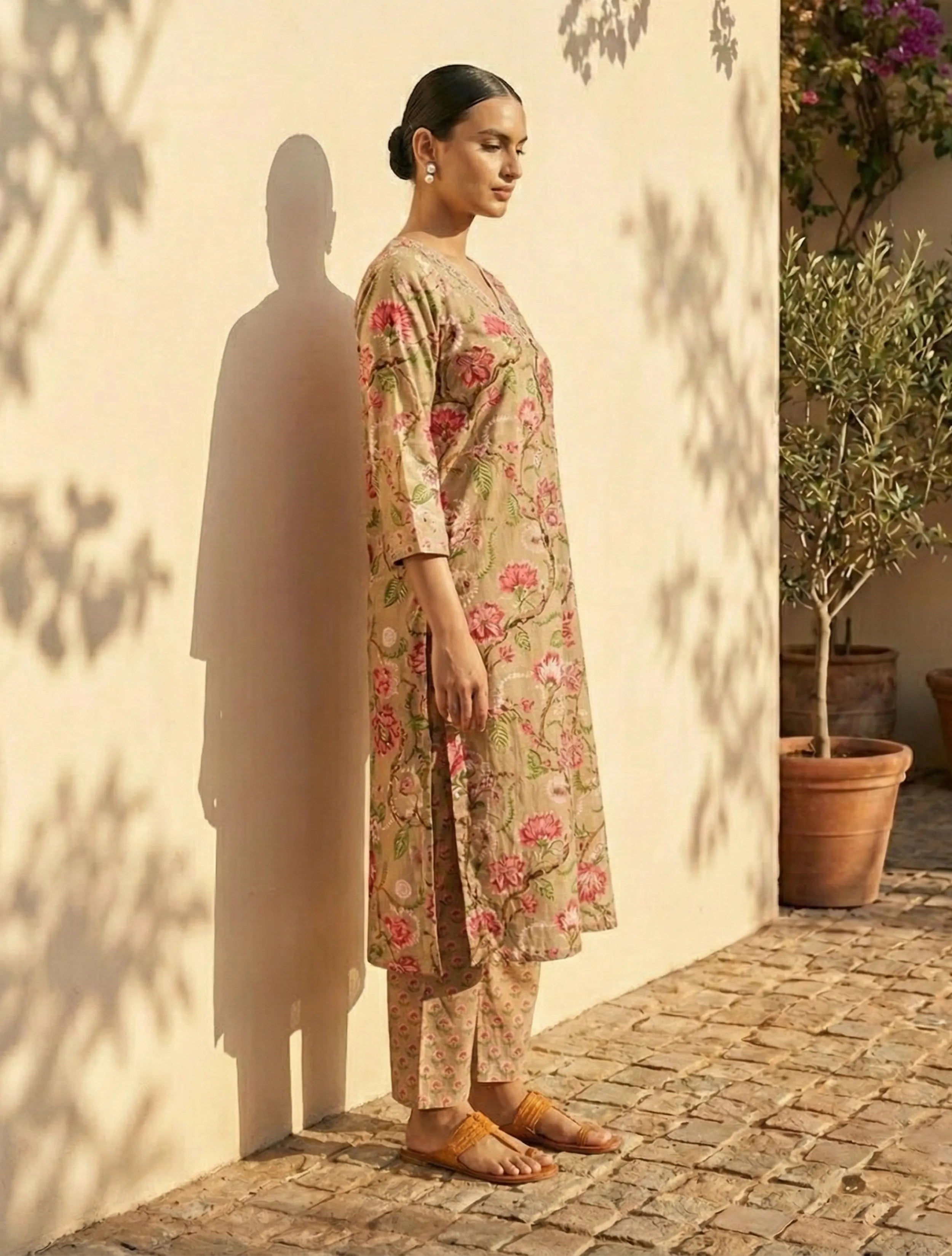 trueBrowns Beige Floral Print Straight Kurta Pant Dupatta Set