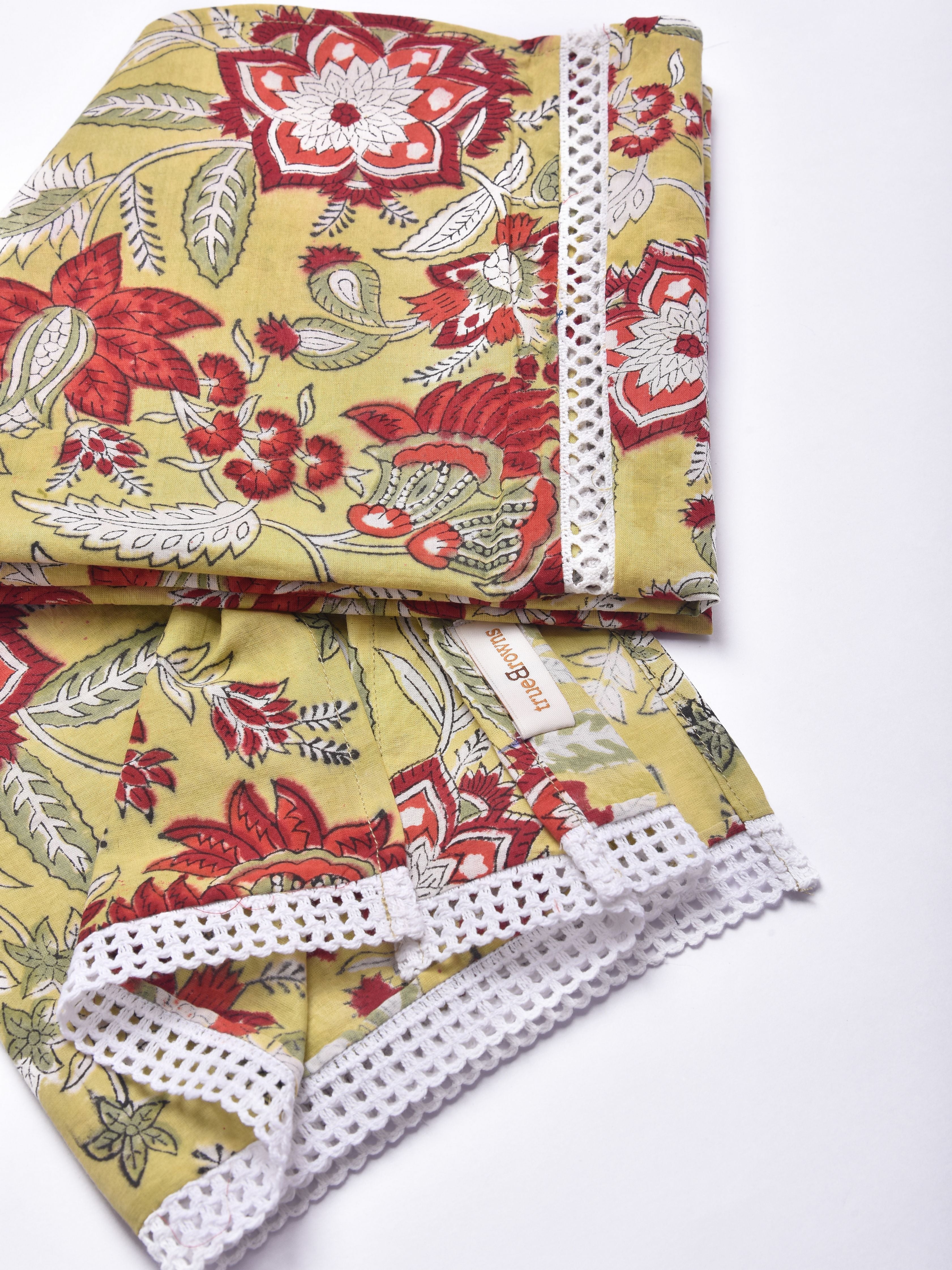 Yellow Floral Block Print Cotton Stole