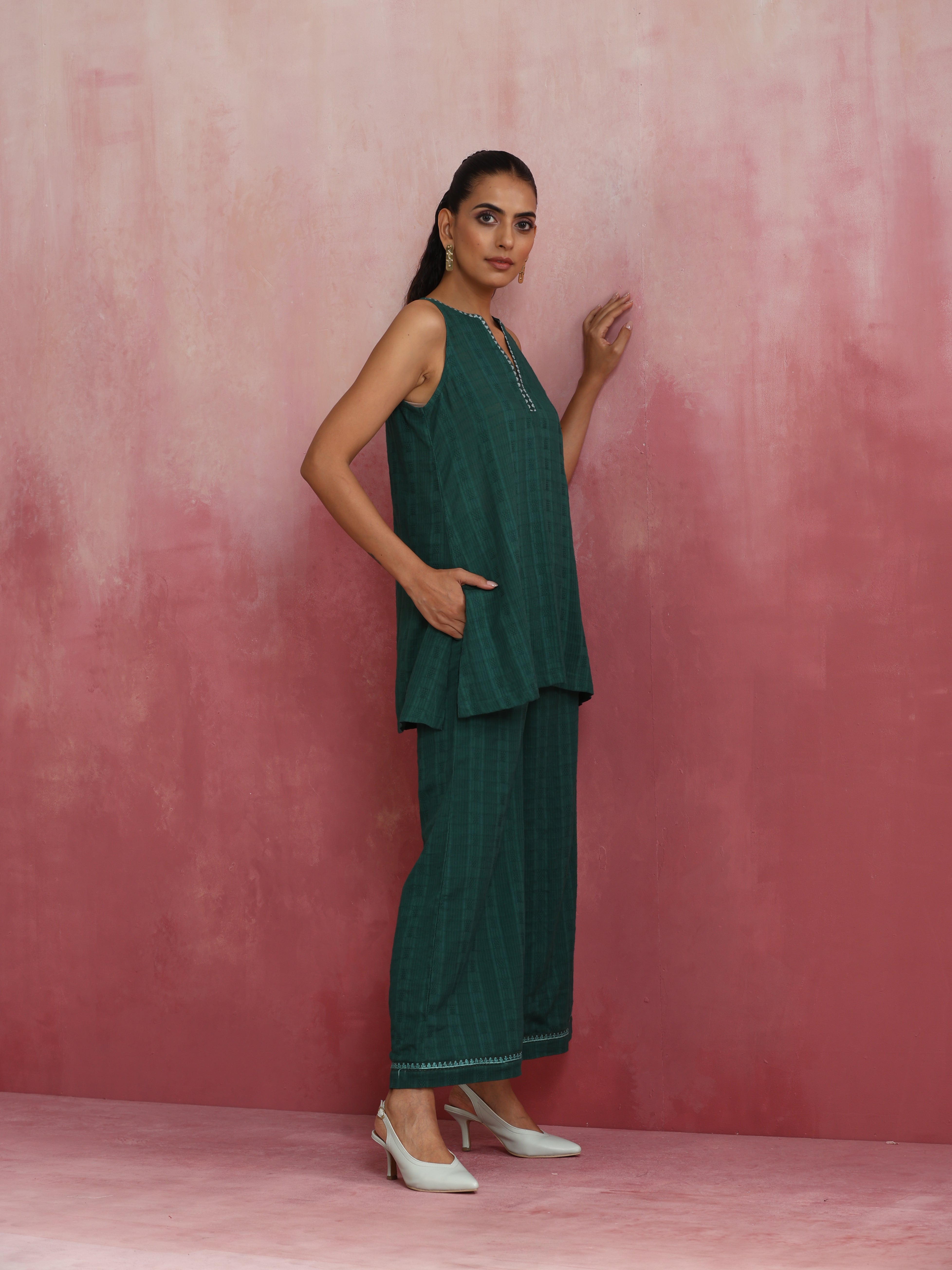 trueBrowns Dark Green Cotton Dobby Co-ord set