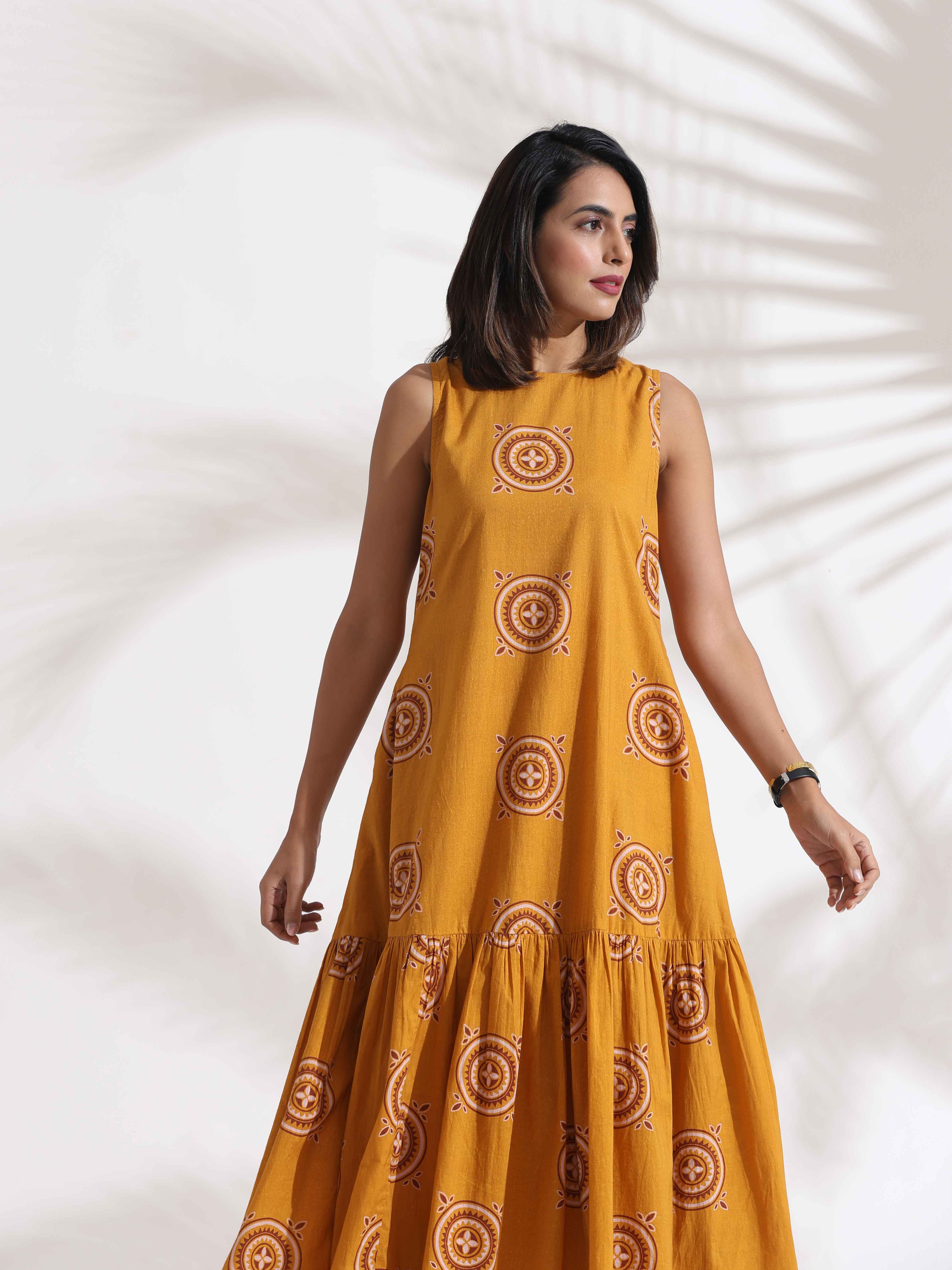 trueBrowns Mustard Cotton Print Tier Dress