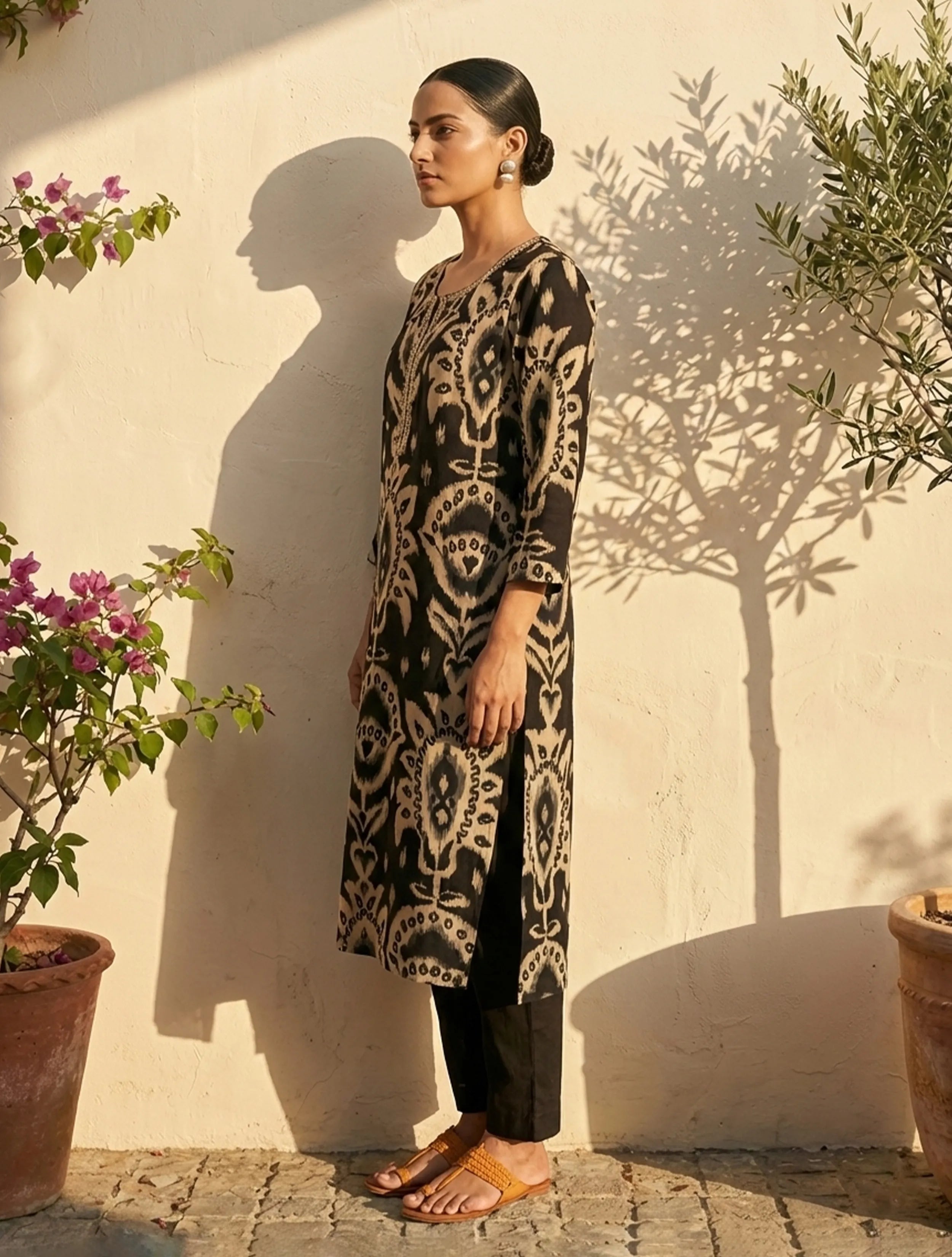trueBrowns Black Print Embroidered Round Neck Kurta Pant Dupatta Set