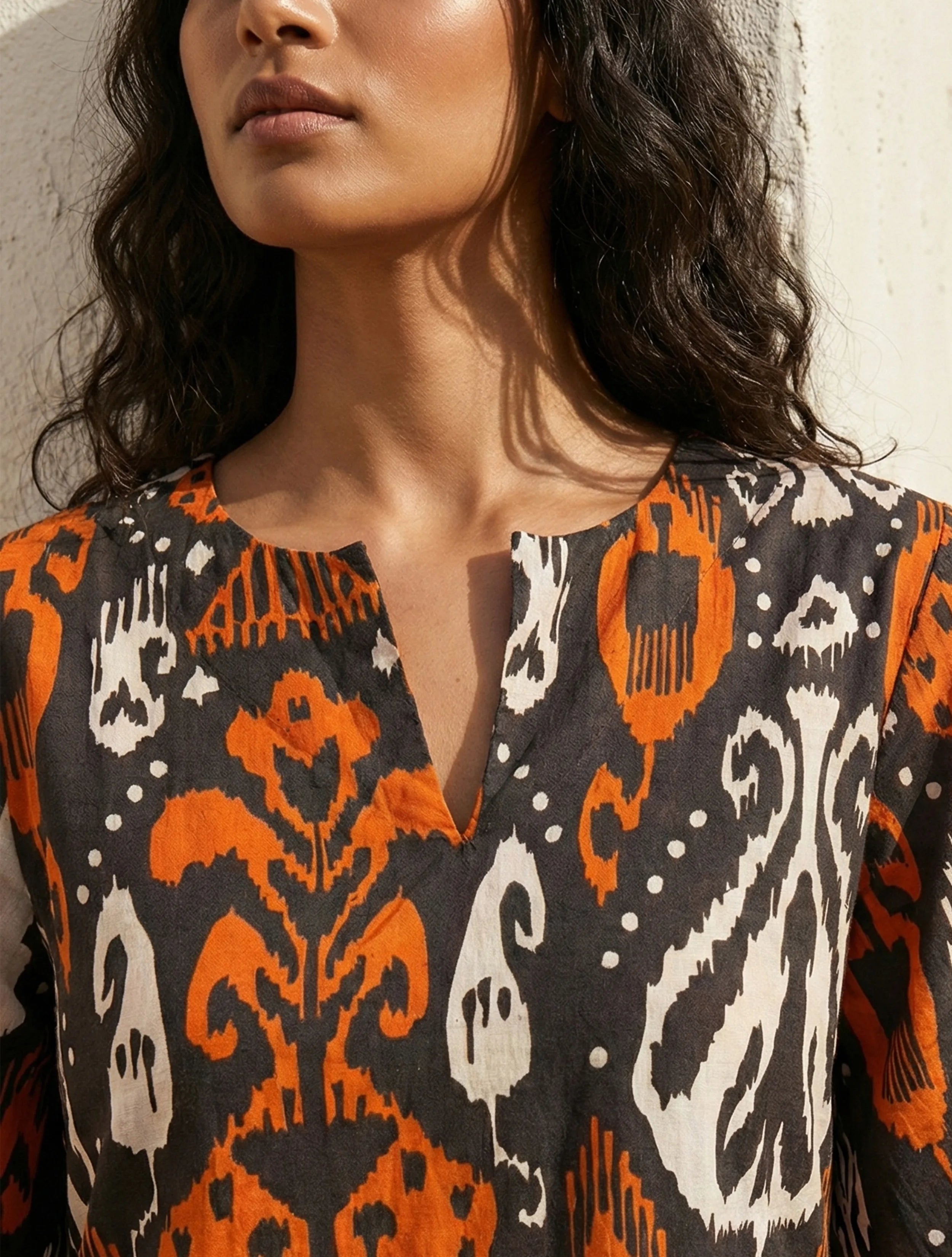 trueBrowns Cola Orange Ikat Print Cotton High-Slit Kurta Set