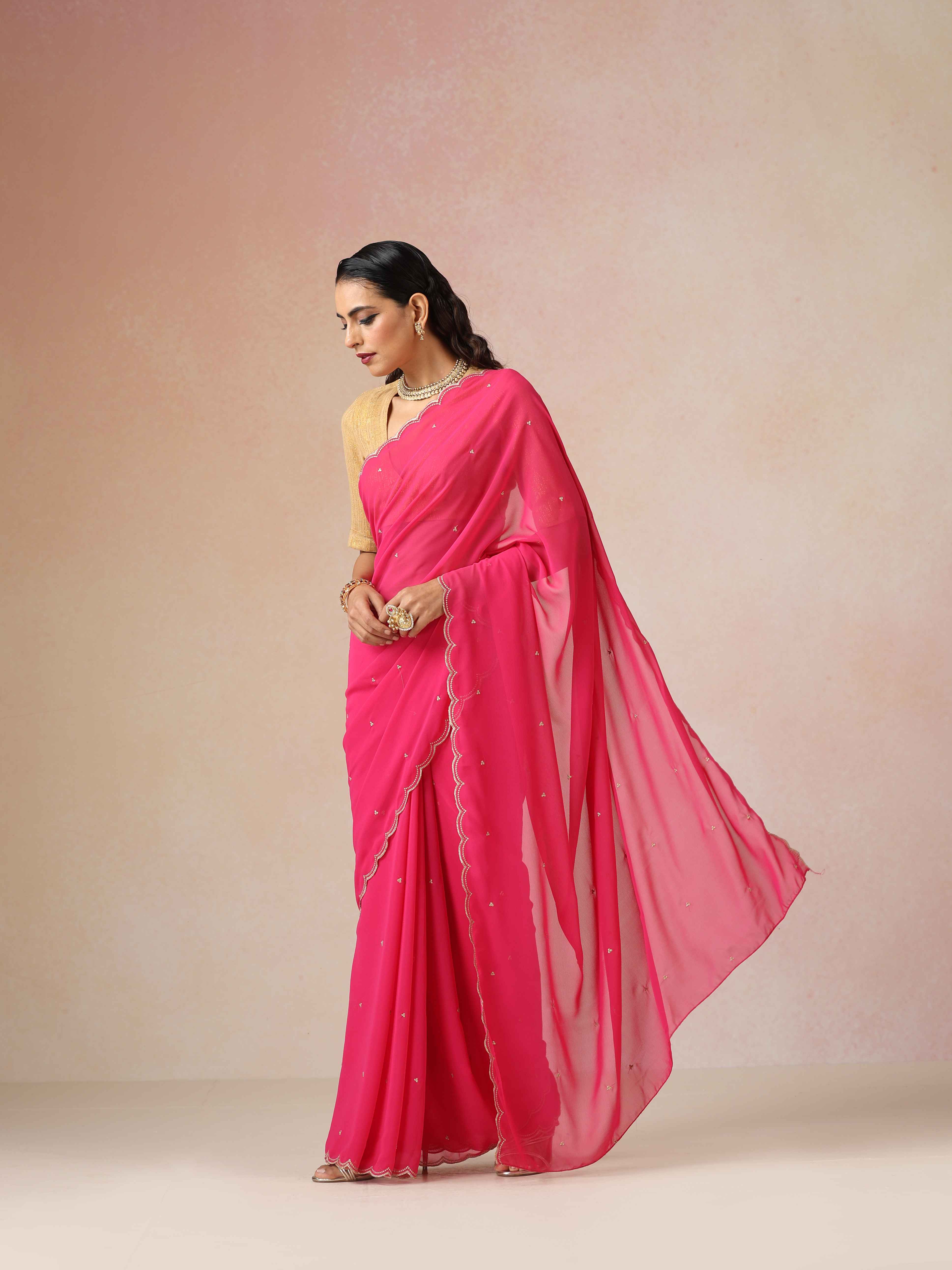 trueBrowns Pink Georgette Embroidered Saree With unstitched Blouse