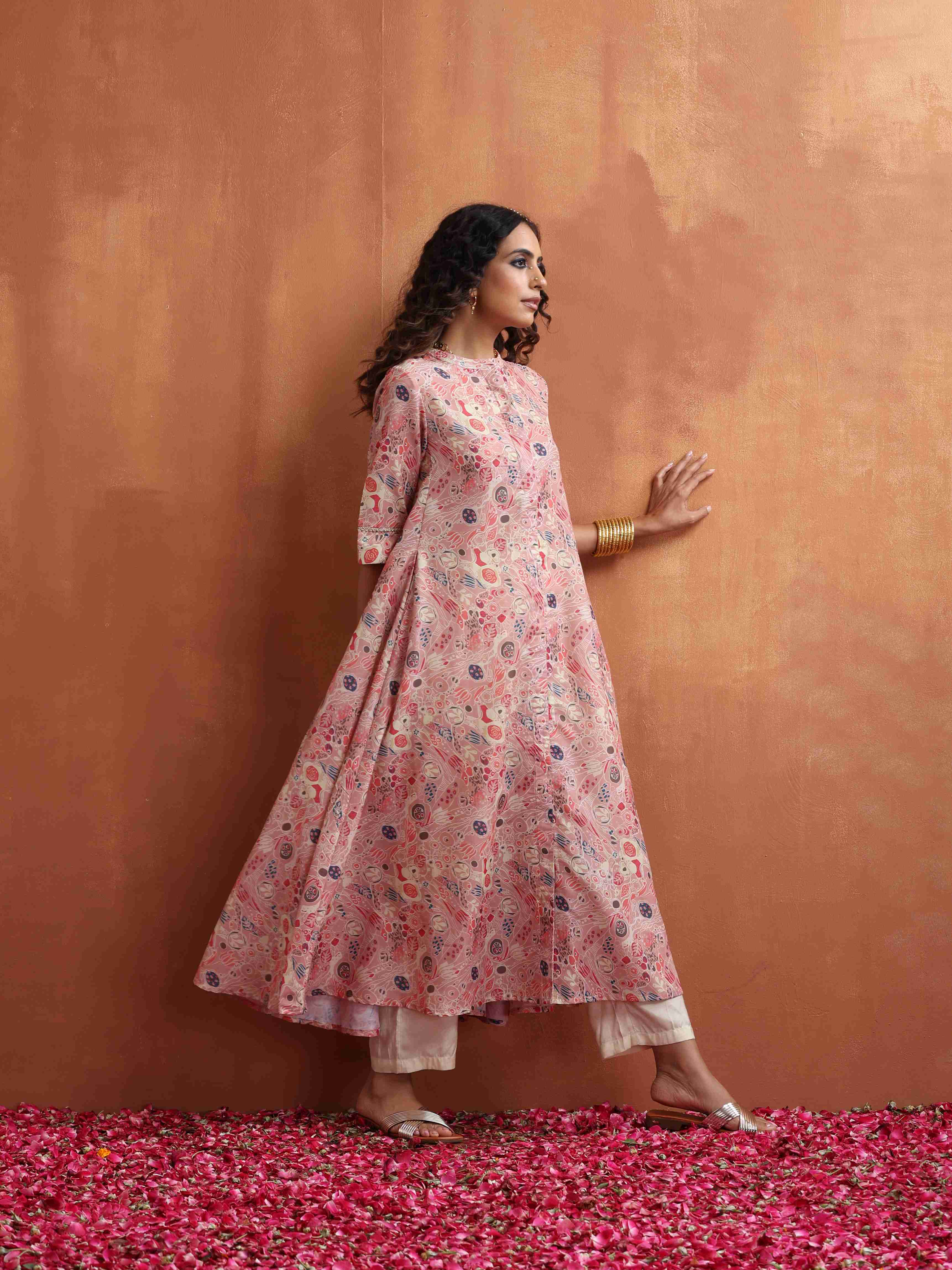 trueBrowns Pink Flared Anarkali Kurta Set