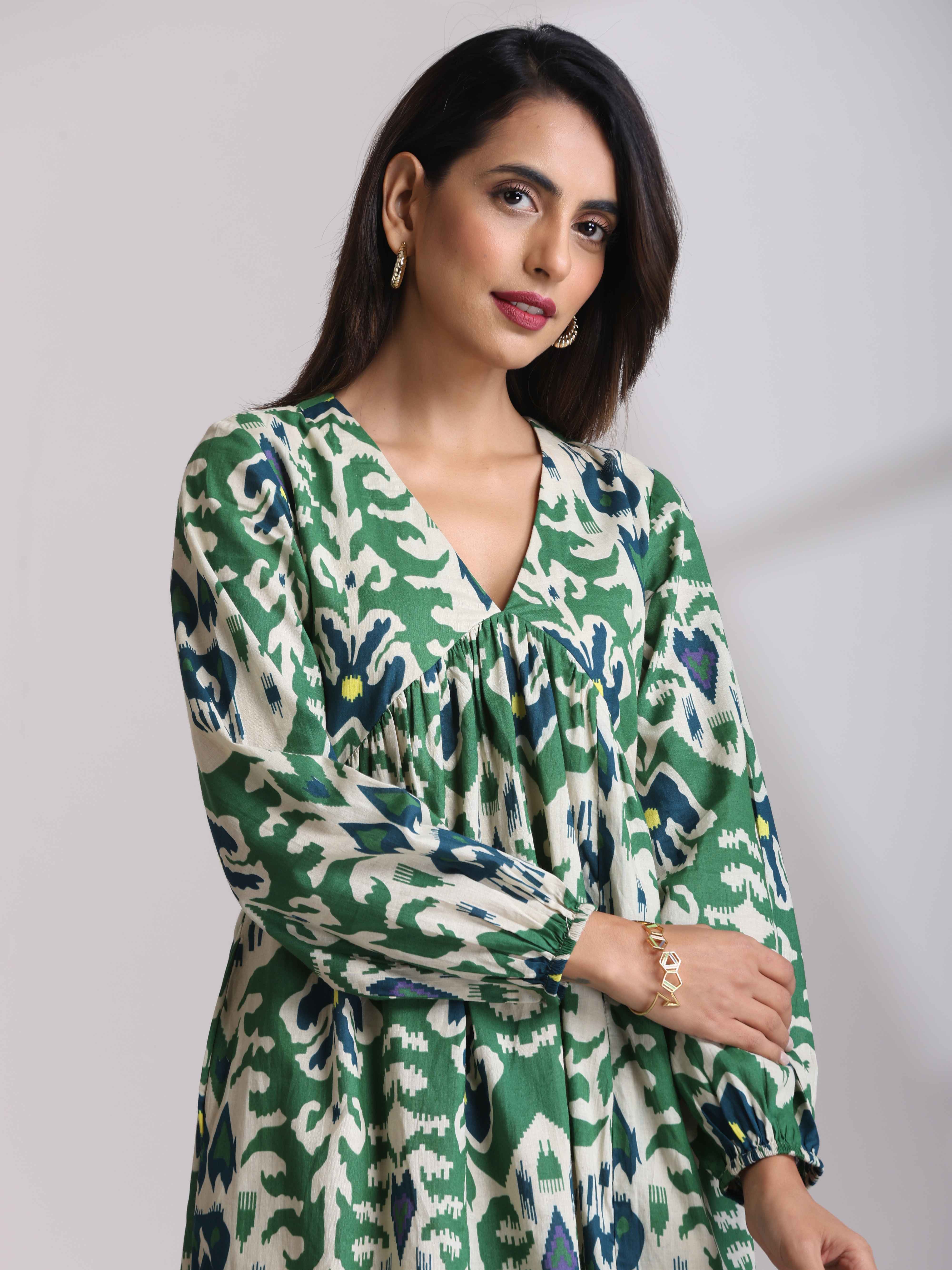 trueBrowns Green Cotton Ikat Flared Dress