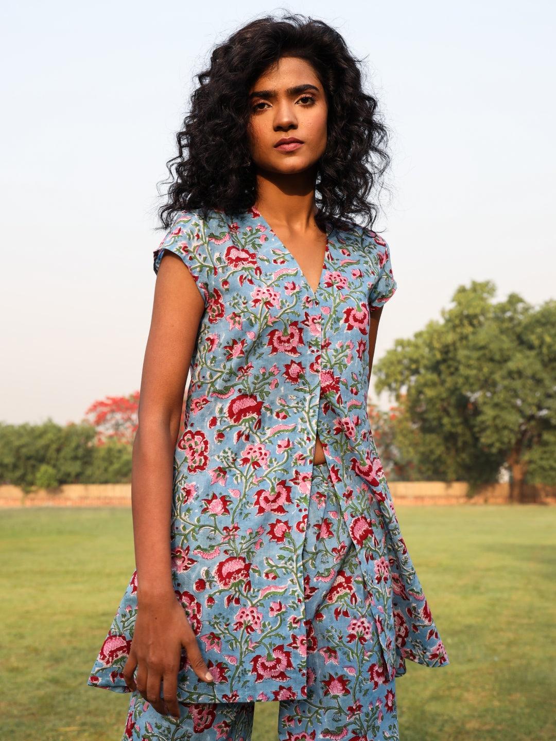 Baby Blue Cotton Block Print Front Slit Co-Ord Set - trueBrowns
