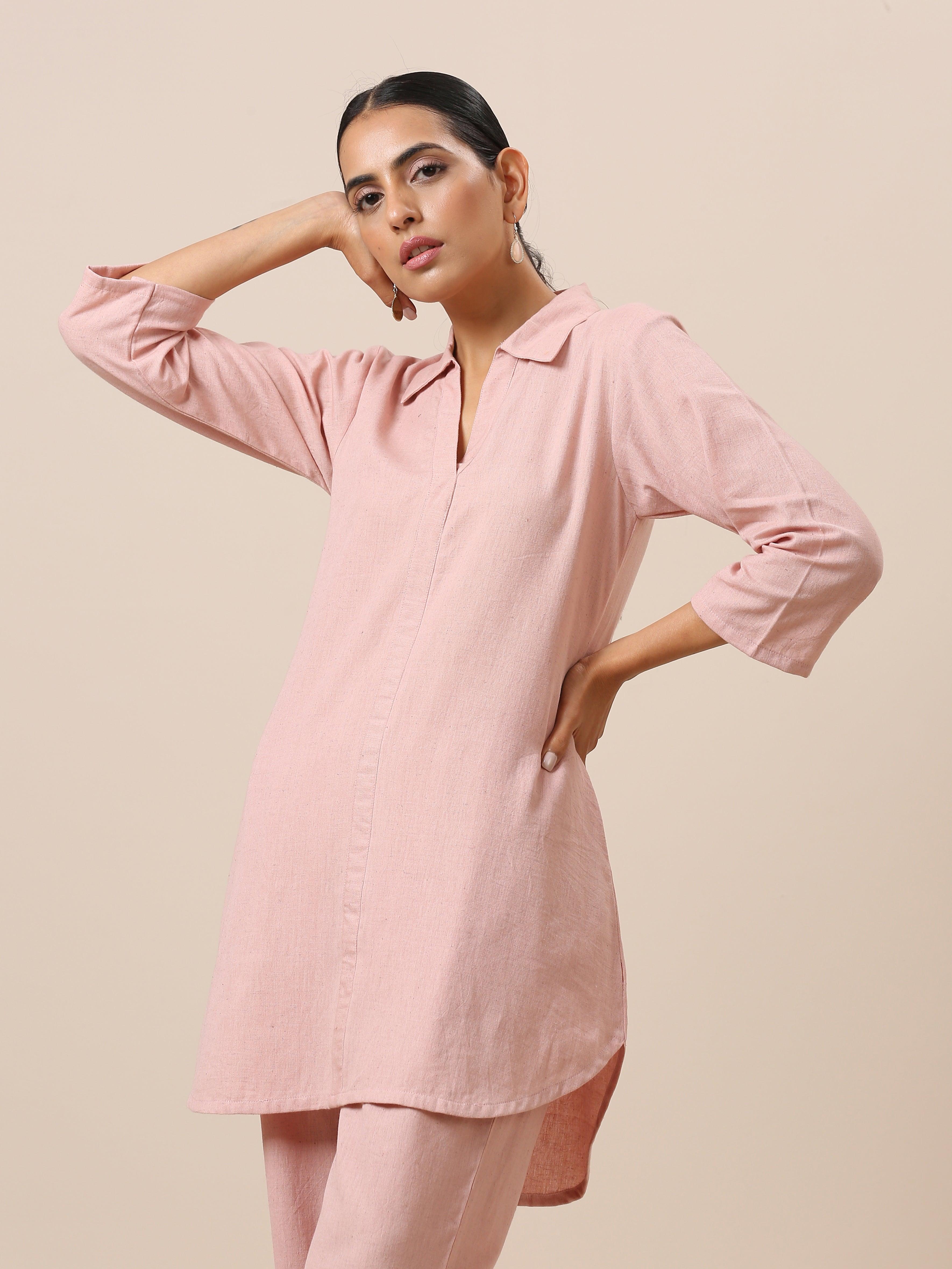 Cotton Rose Pink Collar Short Co-Ord Set - trueBrowns