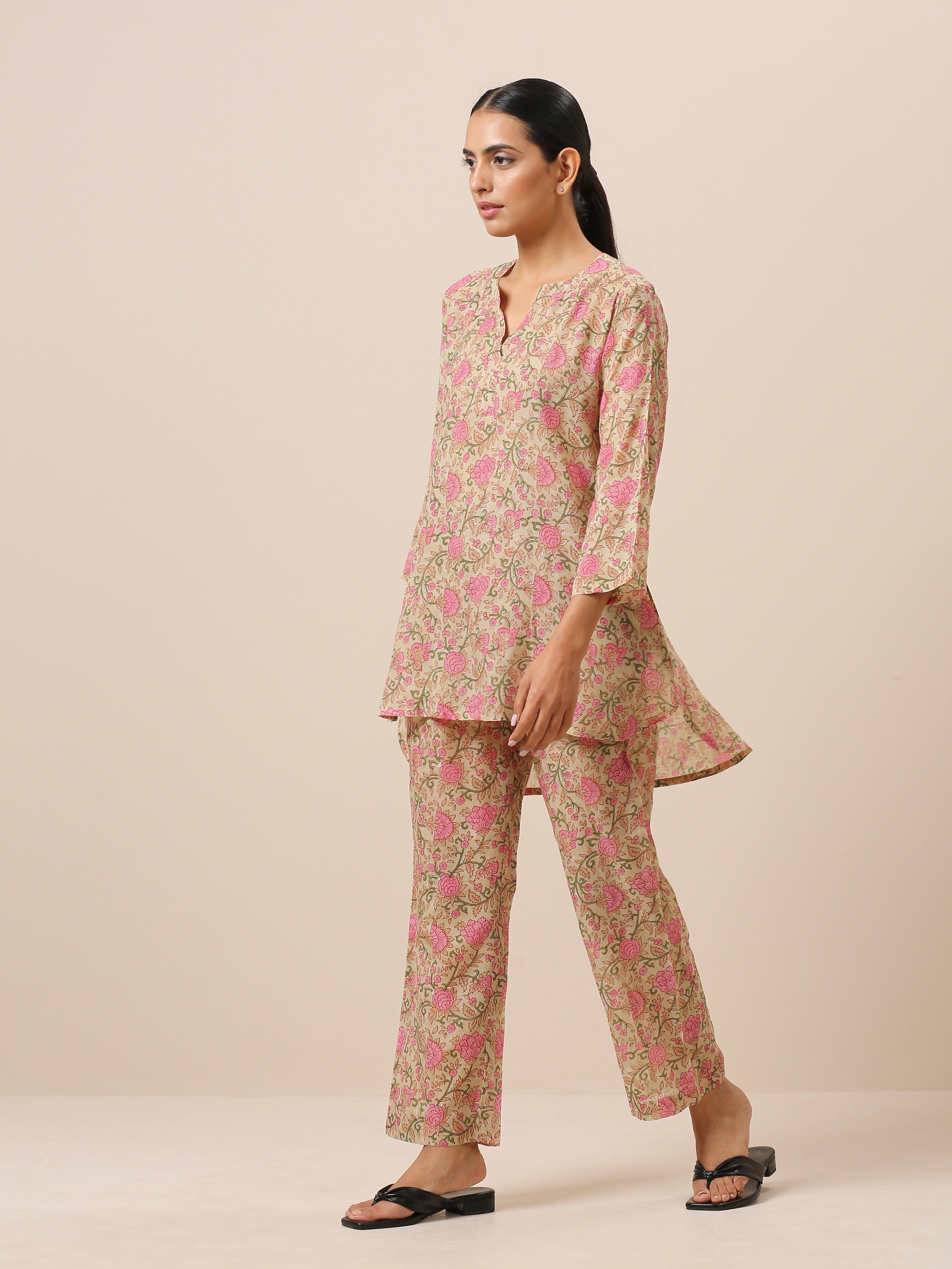 Cotton Hand Block Printed Green Pink Co-Ord Set - trueBrowns