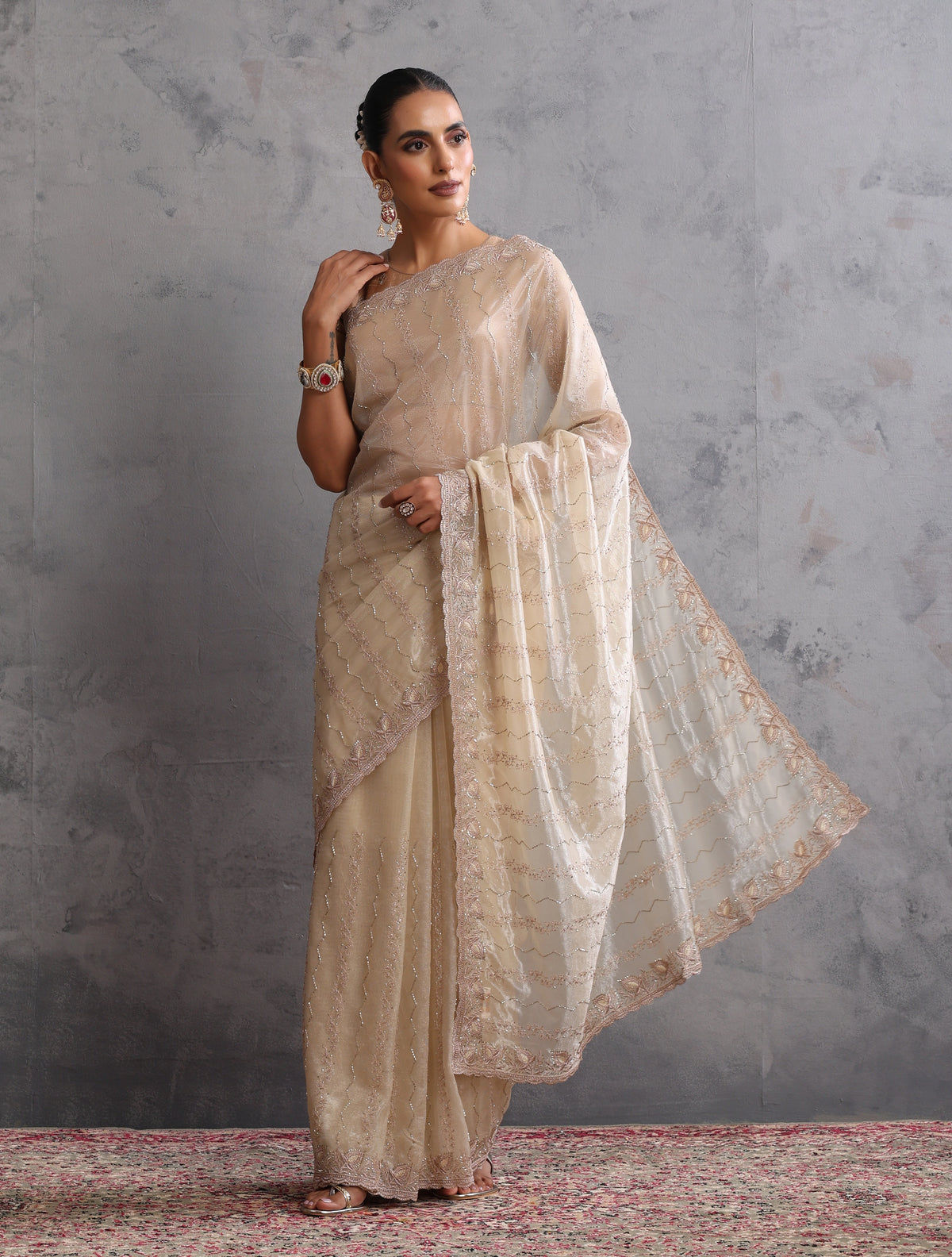 trueBrowns Ivory Gold Sequins Embroidered Net Saree With Unstitched Blouse