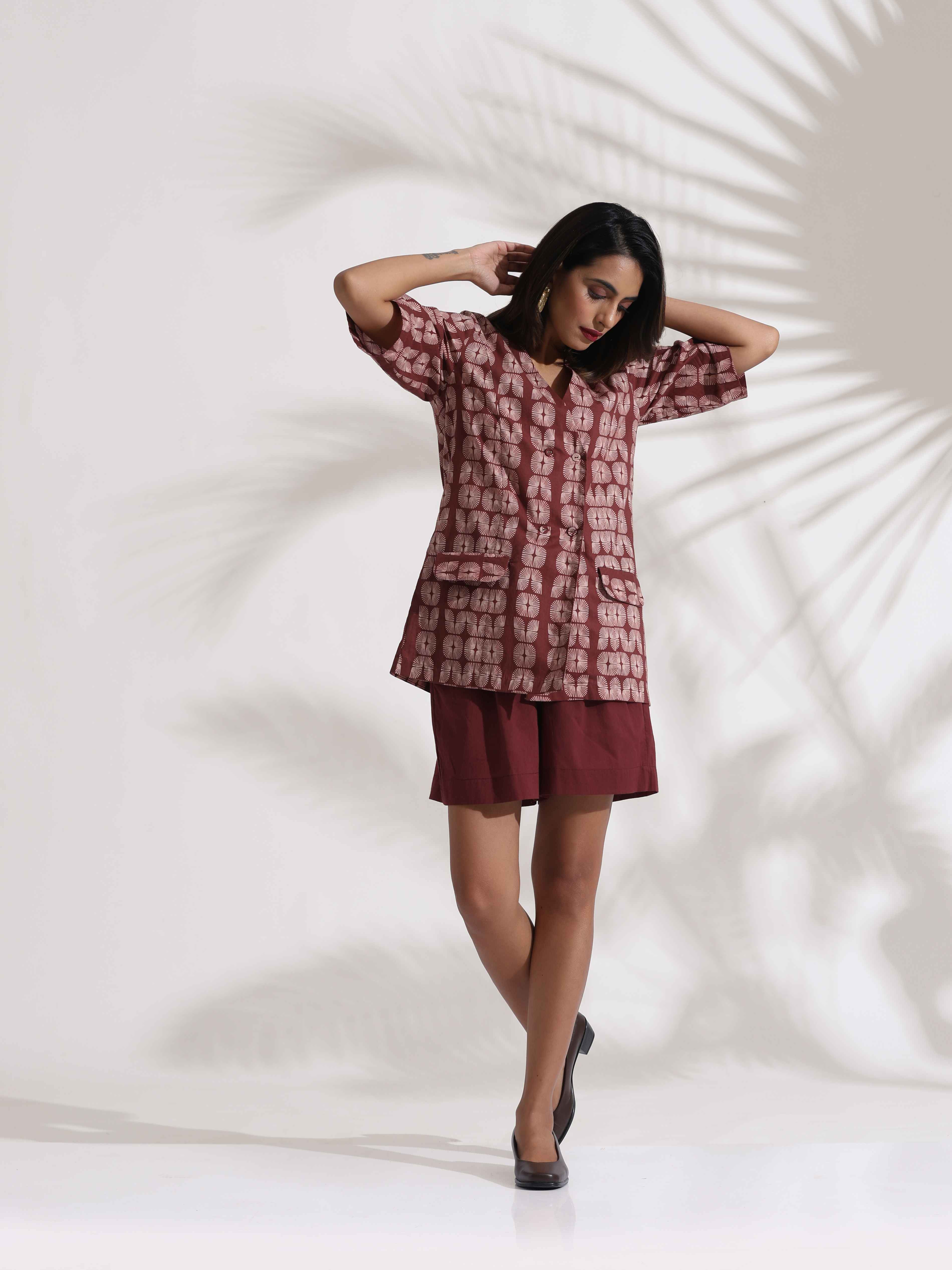 trueBrowns Brown Cotton Print Jacket Top & Short Co-ord Set