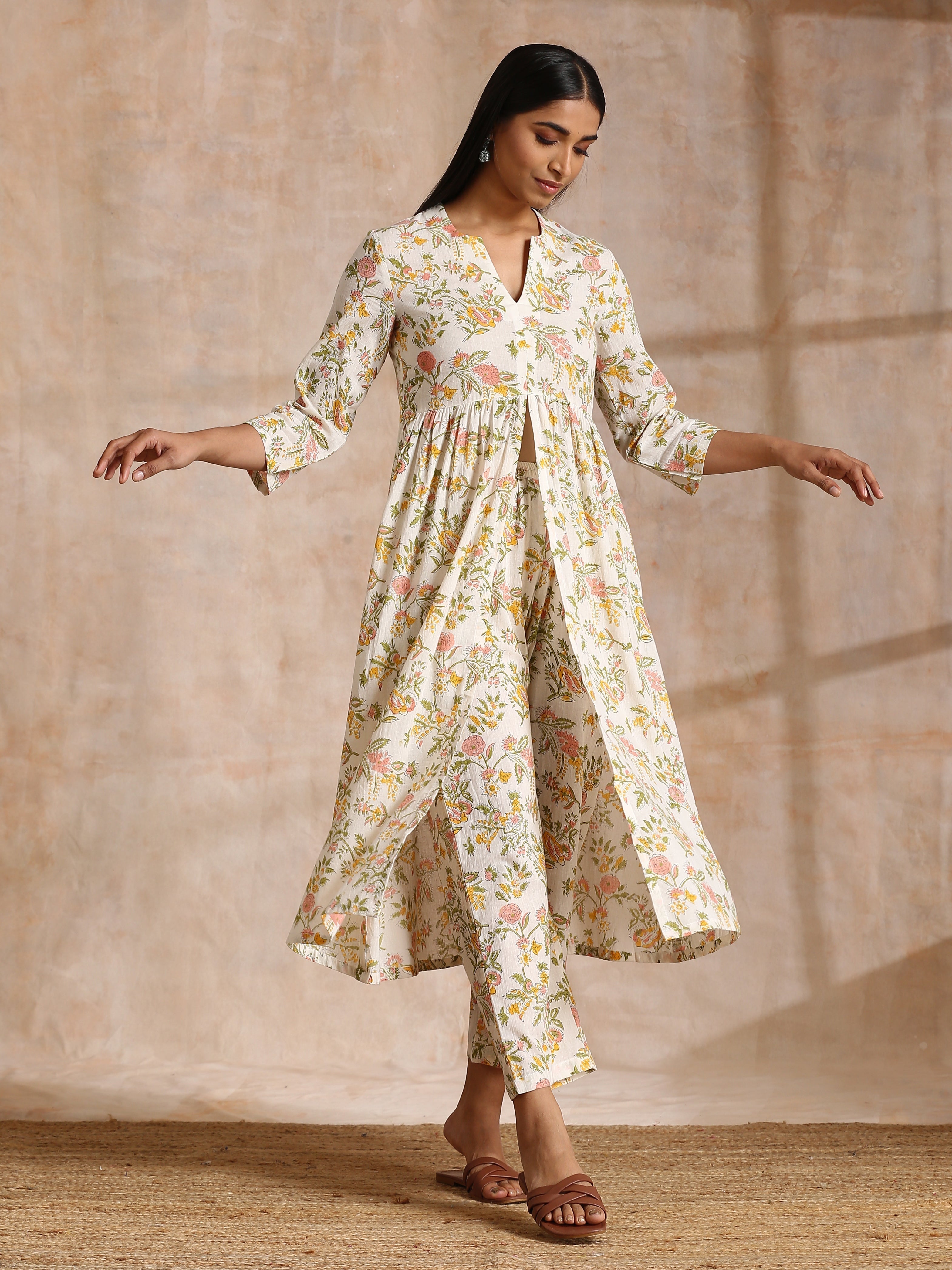 White Multi Color Overall Block Print Cotton Kurta Pant Set