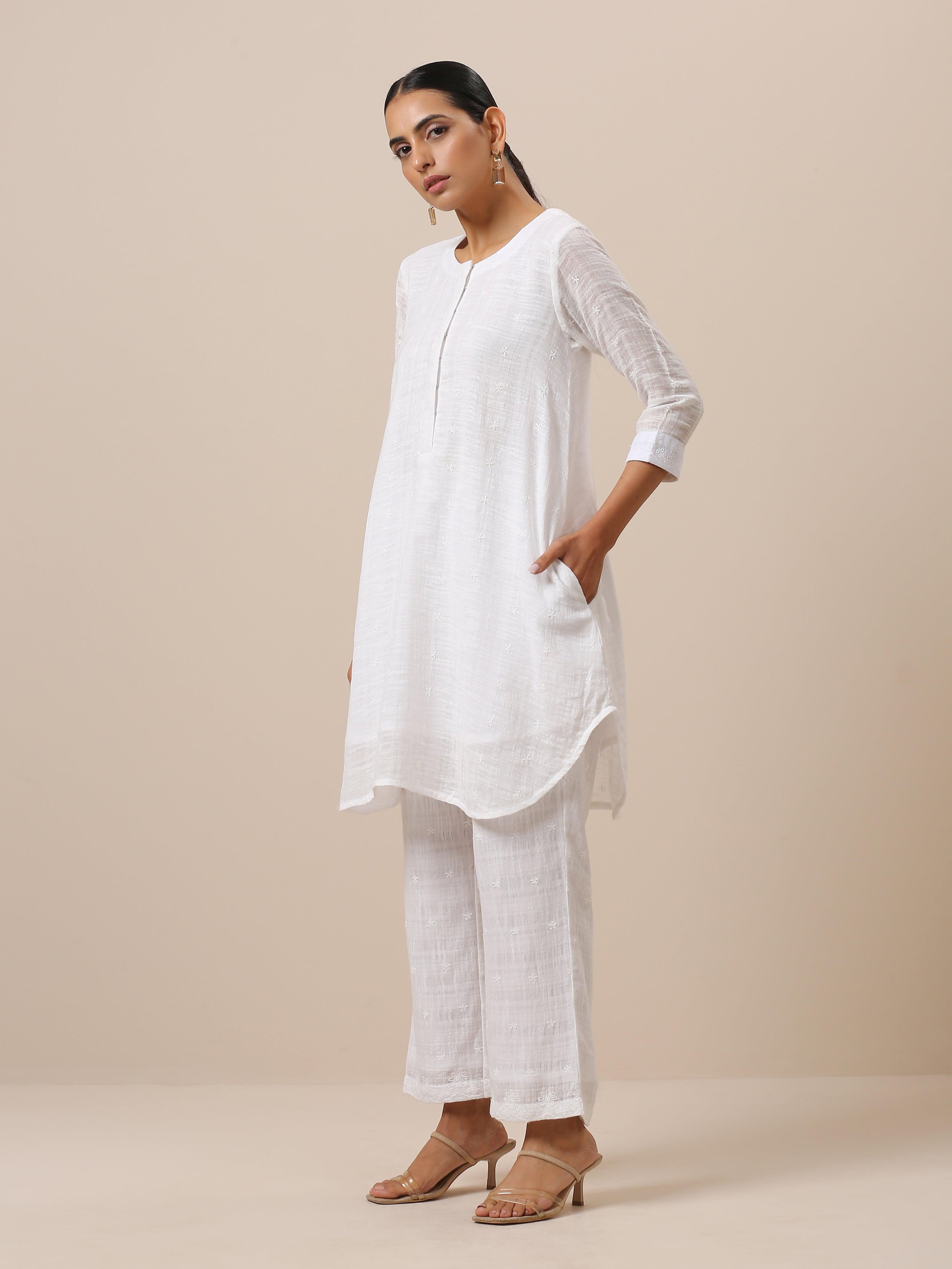 Cotton White Embroidered Short Co-Ord Set - trueBrowns