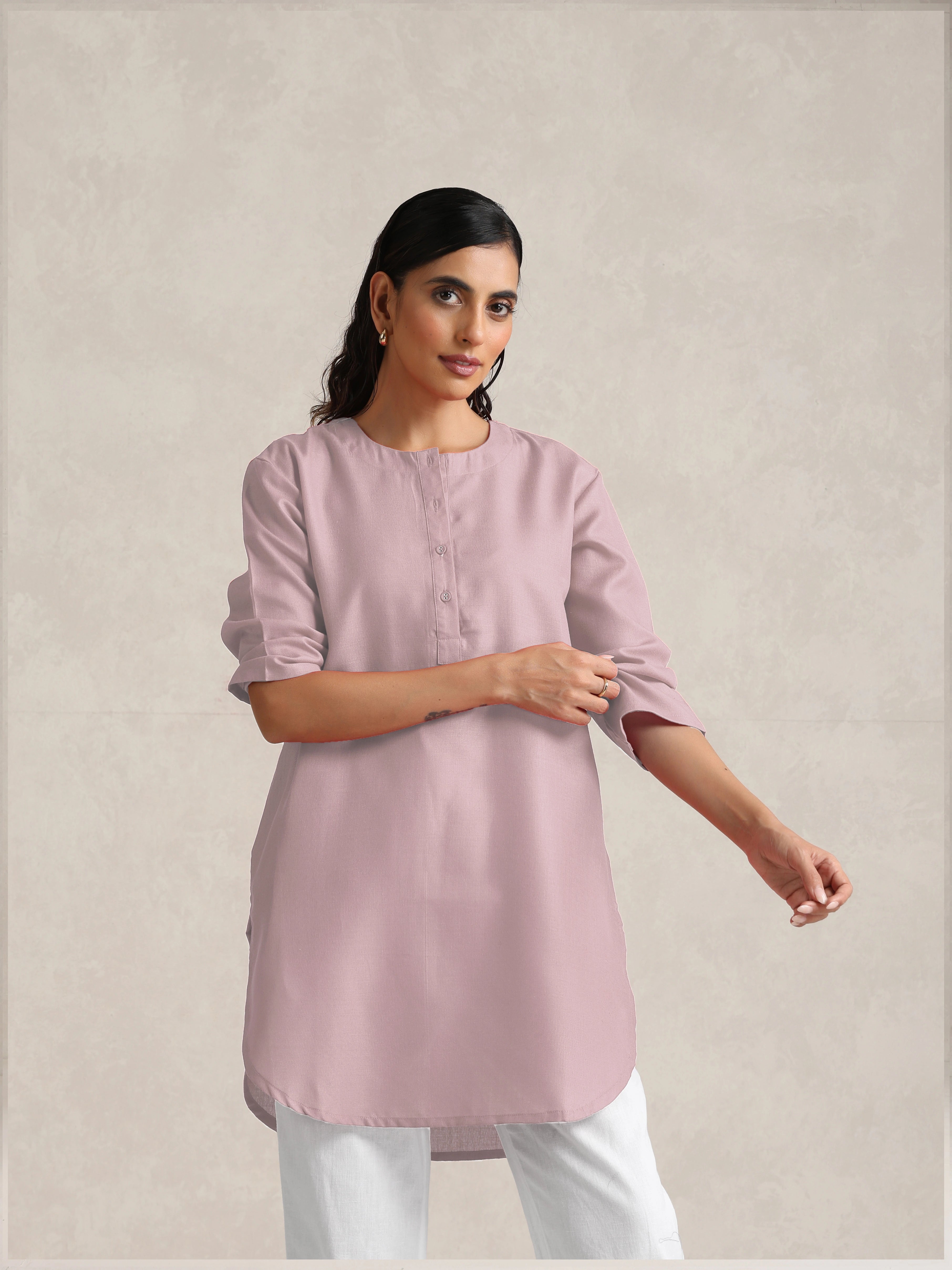 trueBrowns Pink Cotton Blend Short Kurta