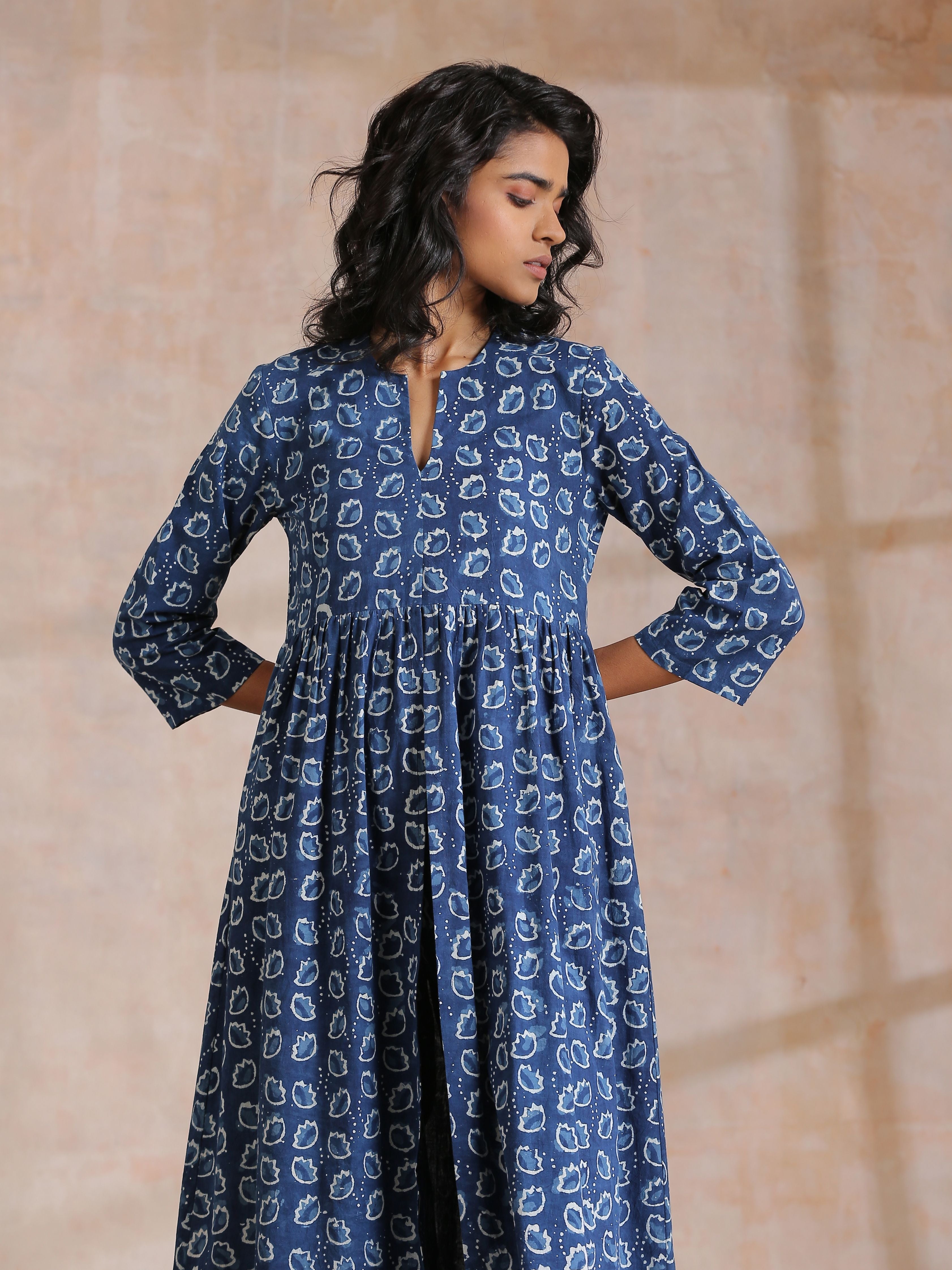 Indigo Dabu Floral Print Cotton Kurta Pant Set