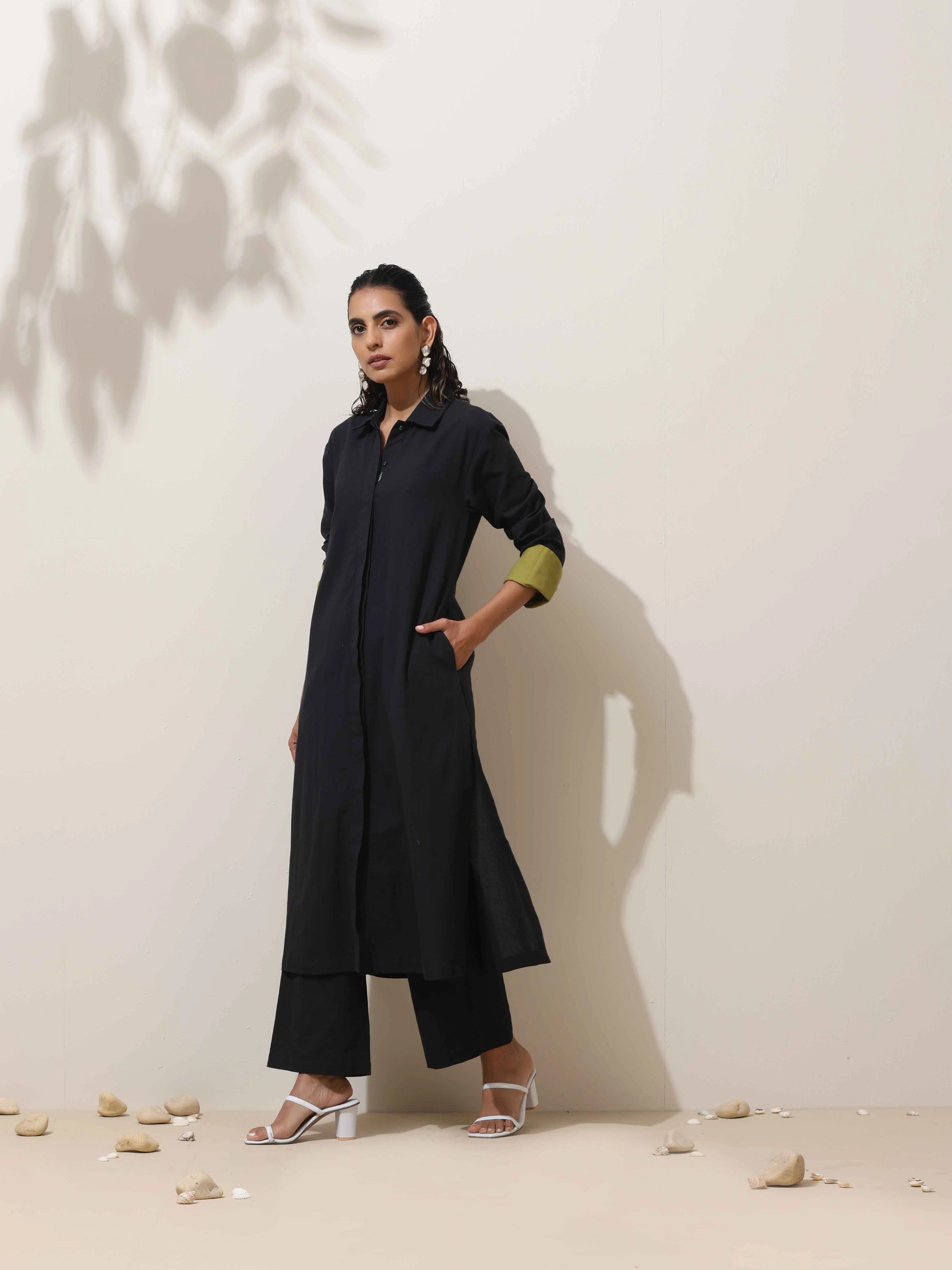 trueBrowns Black Cotton Linen Kurta Pant Set