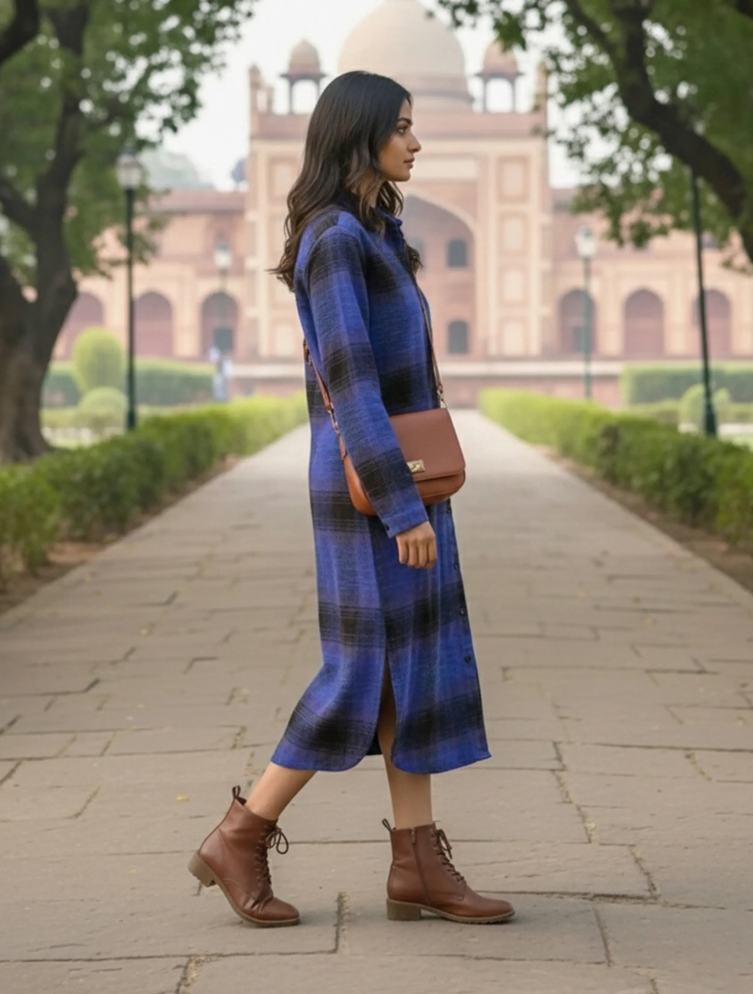 trueBrowns Purple Black Check Woollen Long Shirt Dress